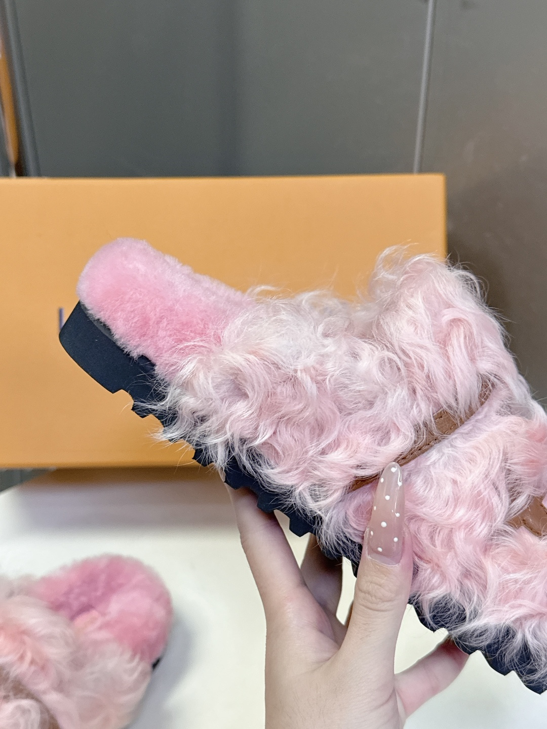 Louis Vuitton Pink Faux Fur Slippers - Luxury LV Logo Mules