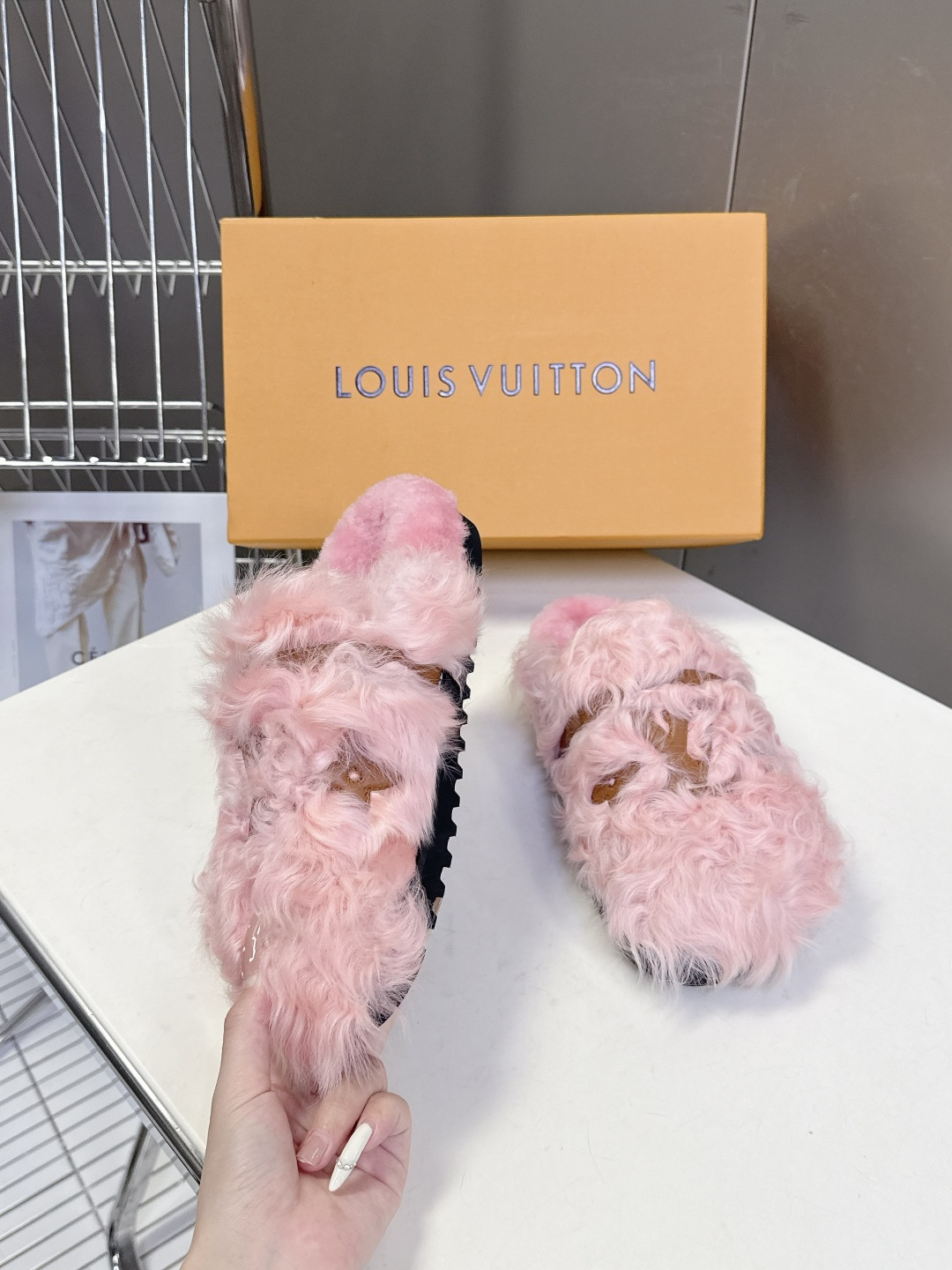 Louis Vuitton Pink Faux Fur Slippers - Luxury LV Logo Mules