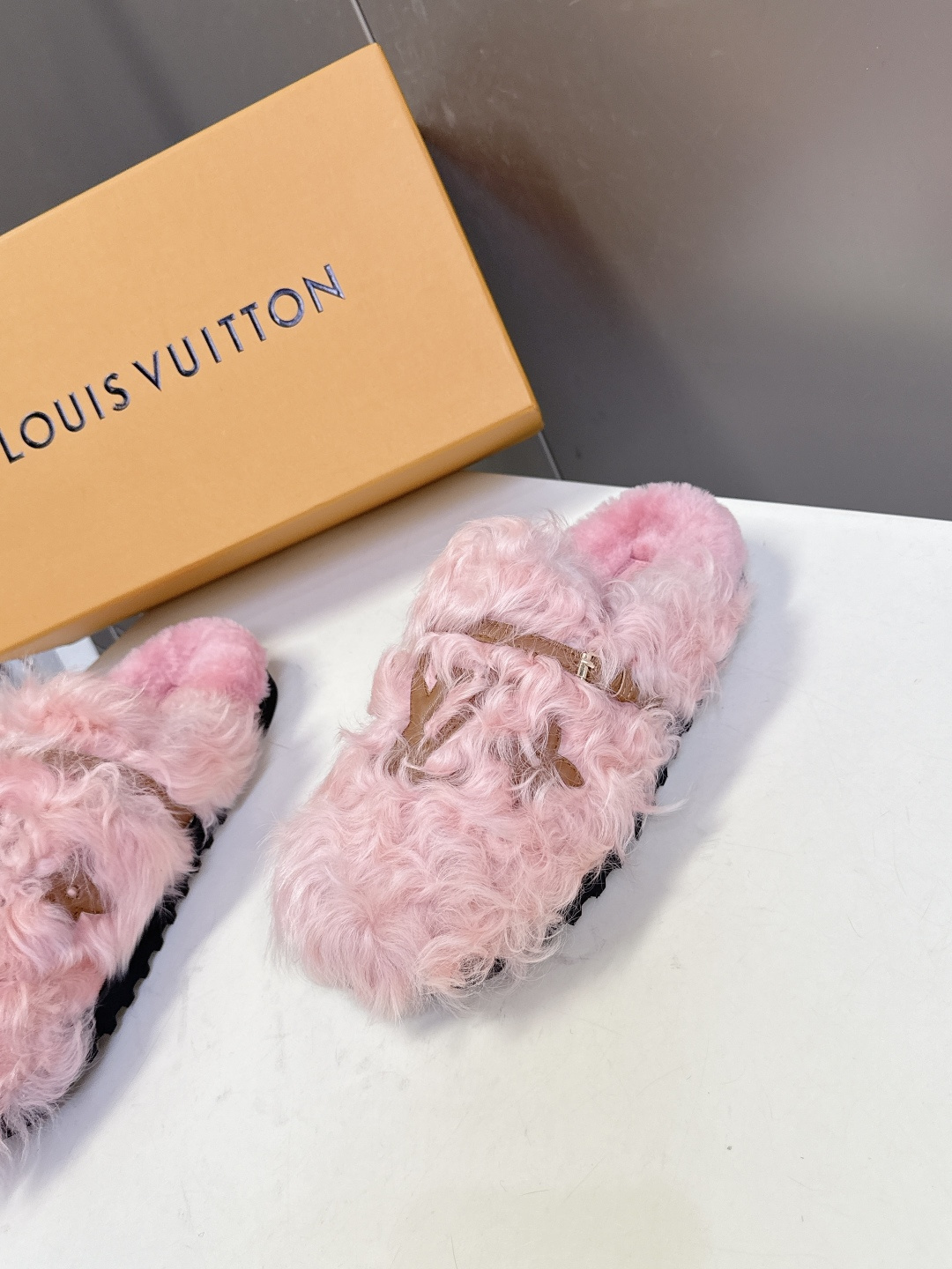 Louis Vuitton Pink Faux Fur Slippers - Luxury LV Logo Mules