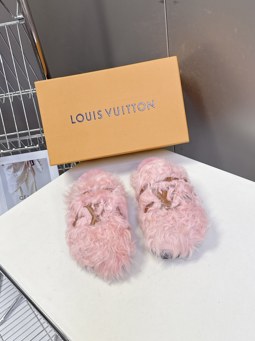 Louis Vuitton Pink Faux Fur Slippers – Luxury LV Logo Mules