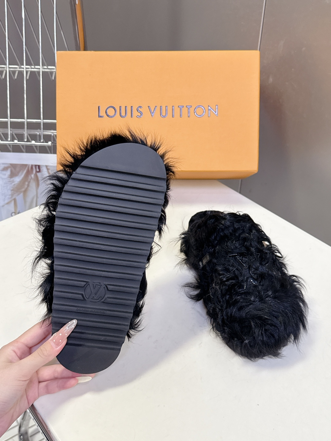 Louis Vuitton Black Faux Fur Slippers - Luxury LV Logo Mules