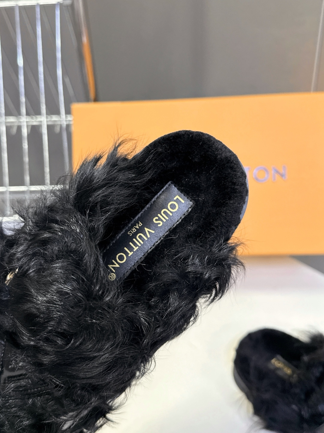 Louis Vuitton Black Faux Fur Slippers - Luxury LV Logo Mules