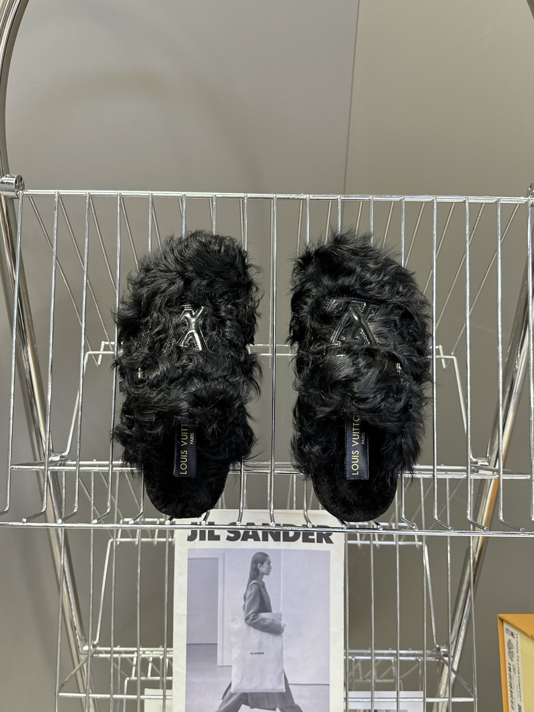 Louis Vuitton Black Faux Fur Slippers - Luxury LV Logo Mules