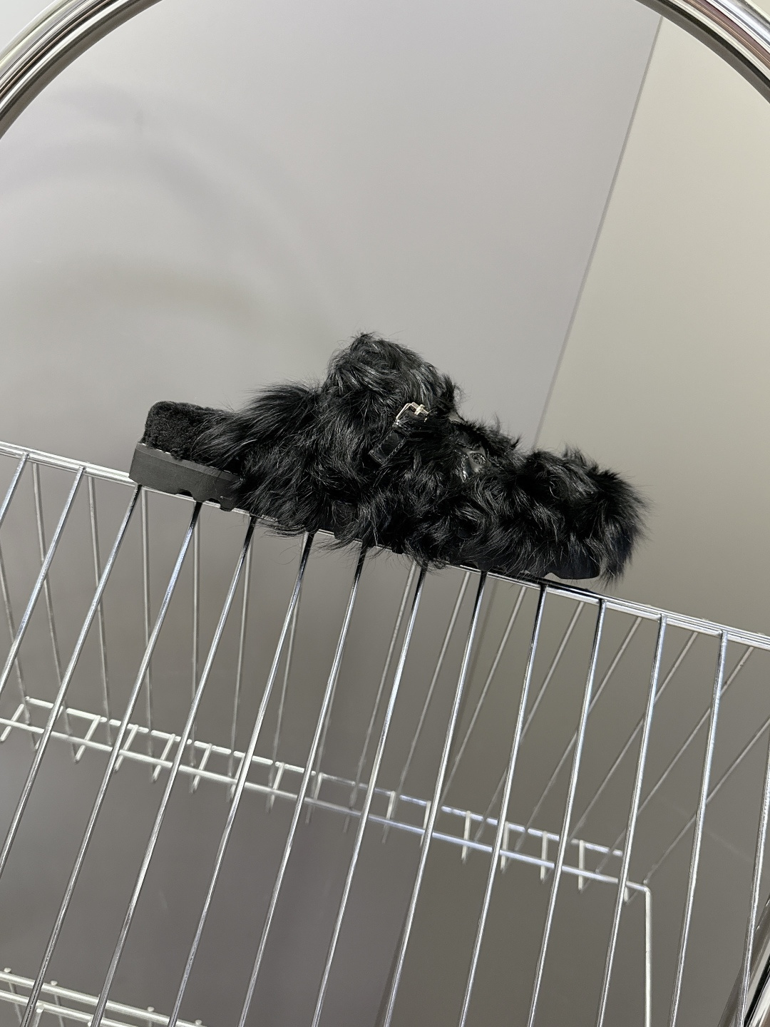 Louis Vuitton Black Faux Fur Slippers - Luxury LV Logo Mules