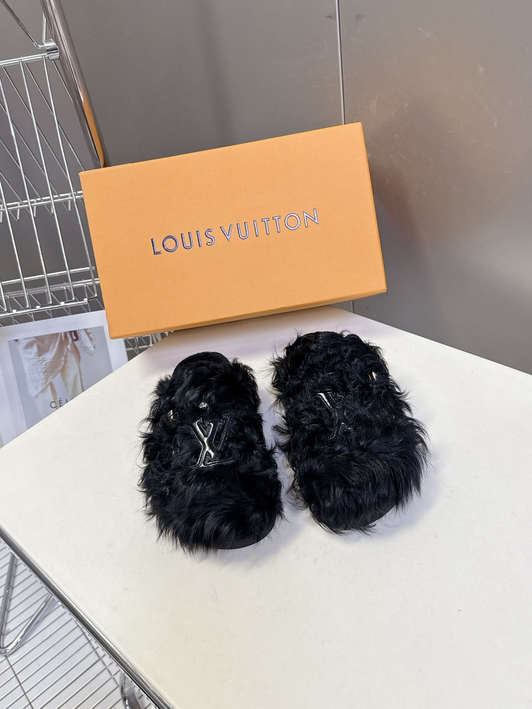 Louis Vuitton Black Faux Fur Slippers – Luxury LV Logo Mules