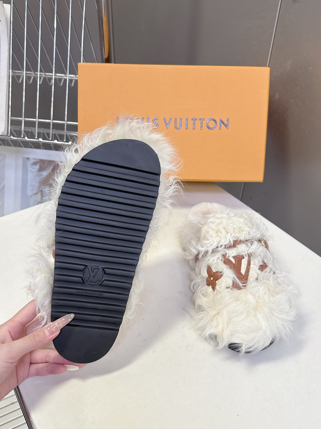 Louis Vuitton White Shearling Monogram Comfort Mules