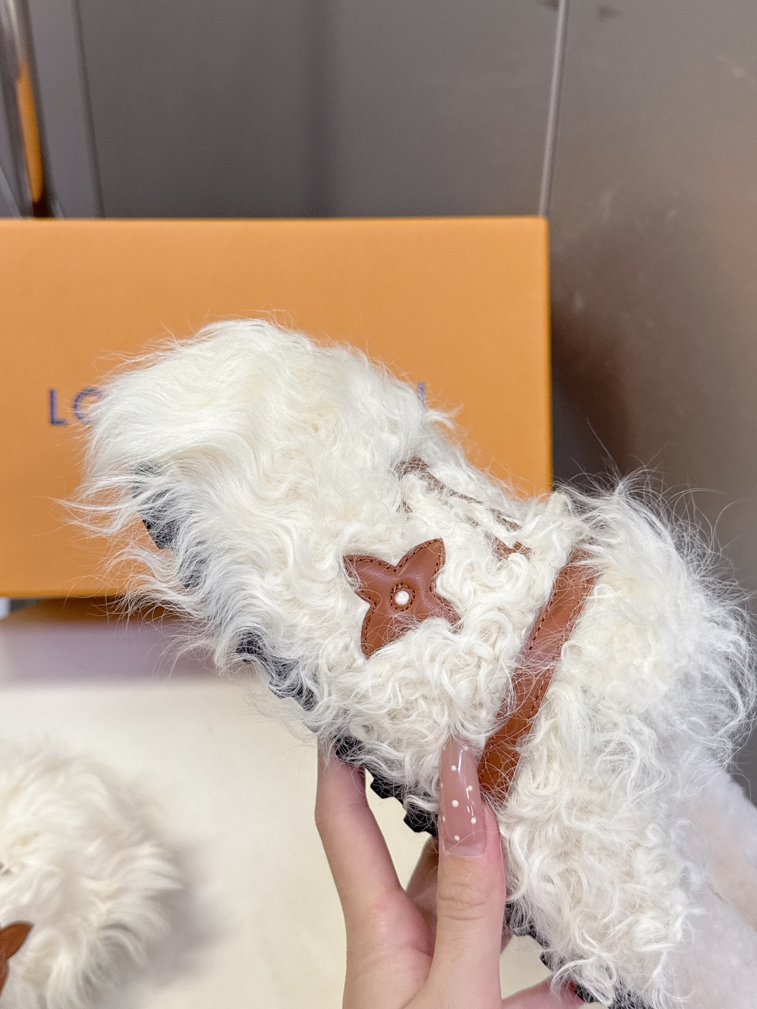 Louis Vuitton White Shearling Monogram Comfort Mules