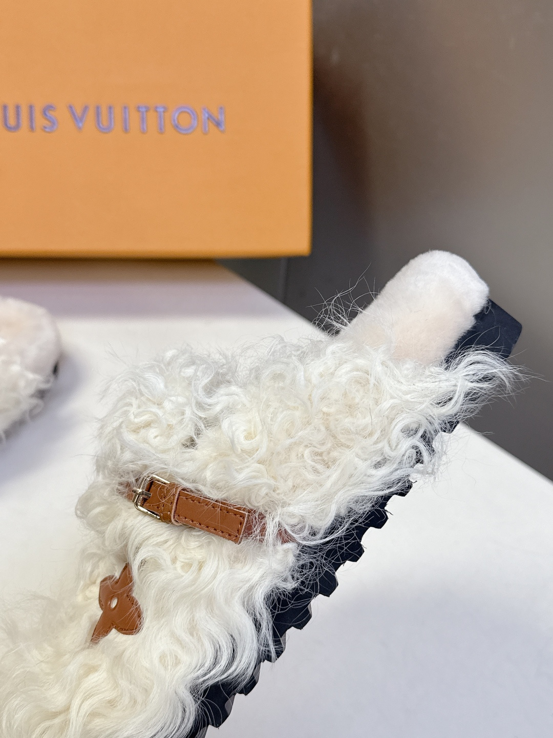 Louis Vuitton White Shearling Monogram Comfort Mules