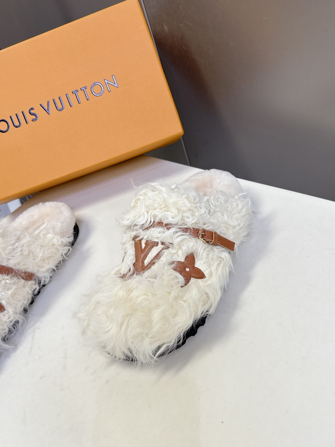 Louis Vuitton White Shearling Monogram Comfort Mules