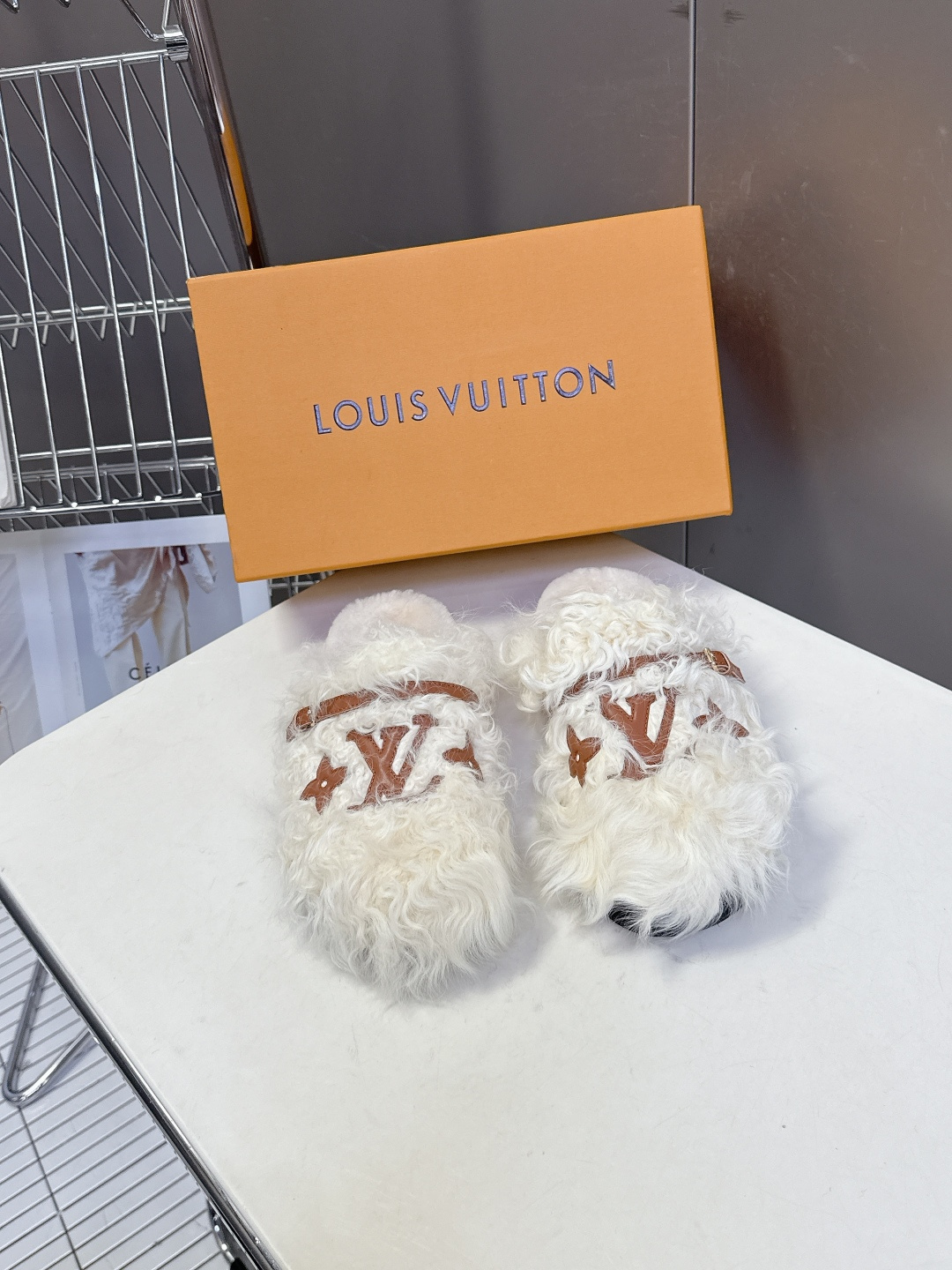 Louis Vuitton White Shearling Monogram Comfort Mules