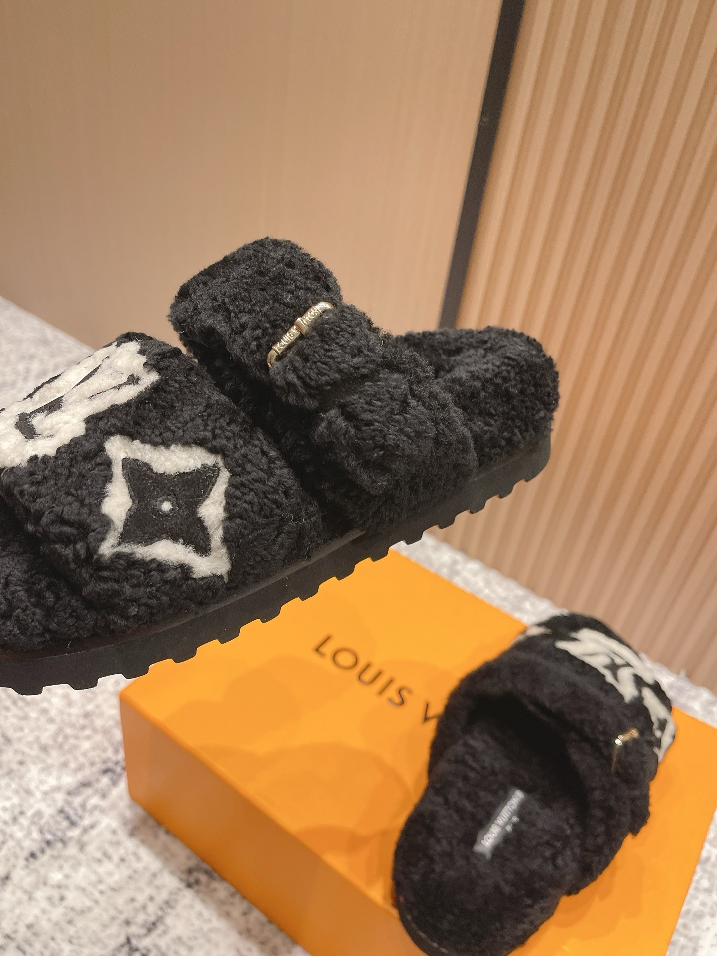 Luxury LV Monogram Shearling Slides - Black Fuzzy Designer Sandals