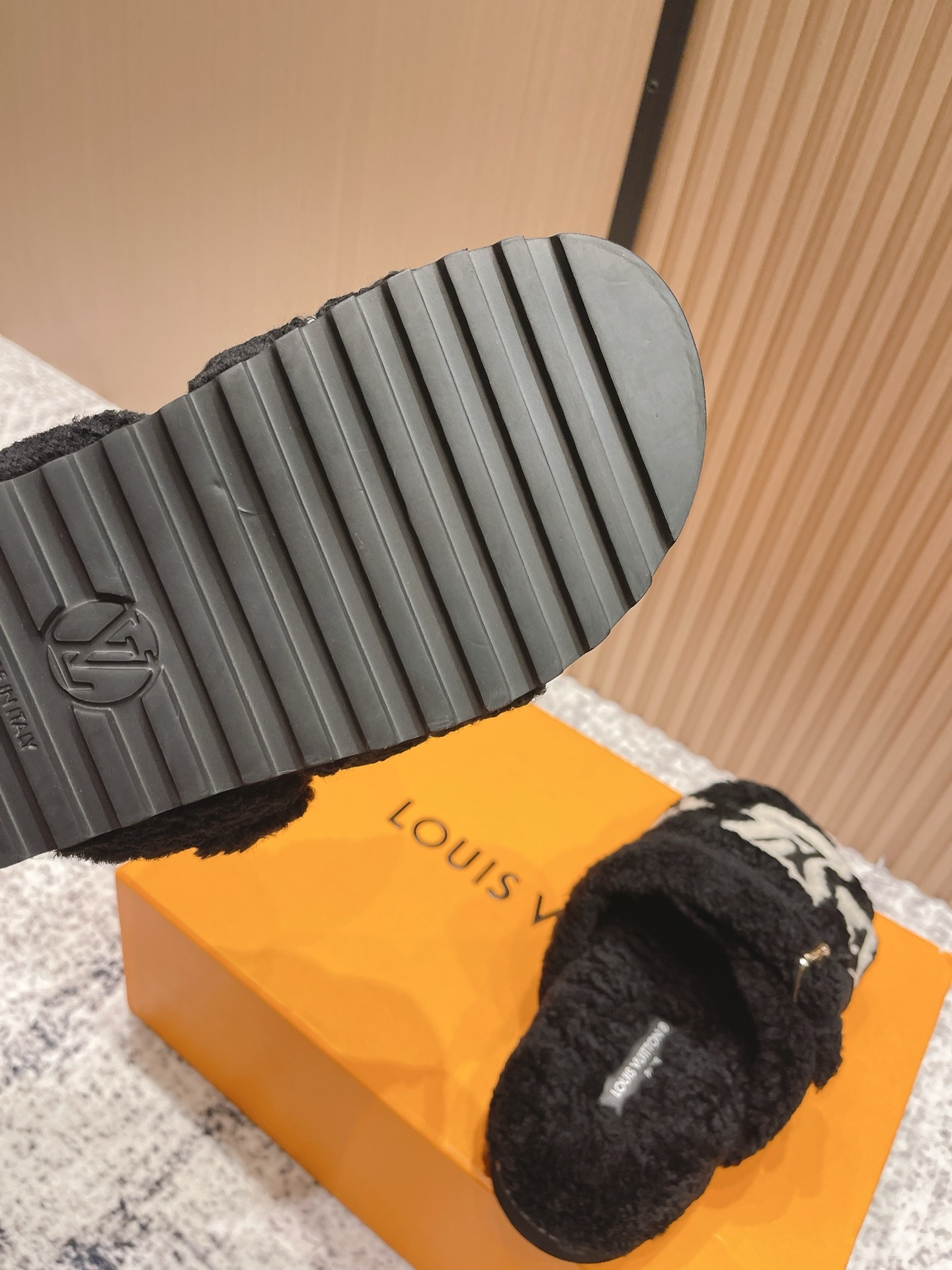 Luxury LV Monogram Shearling Slides - Black Fuzzy Designer Sandals
