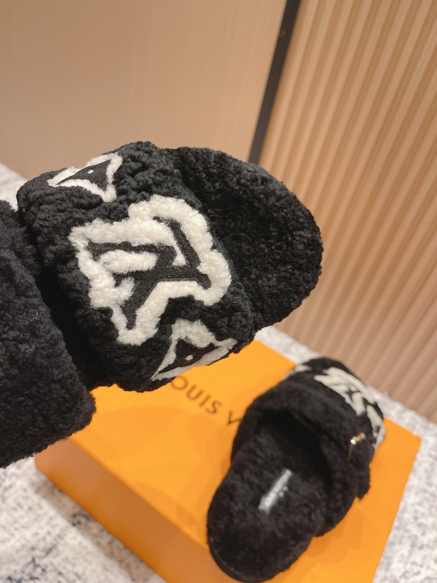 Luxury LV Monogram Shearling Slides - Black Fuzzy Designer Sandals