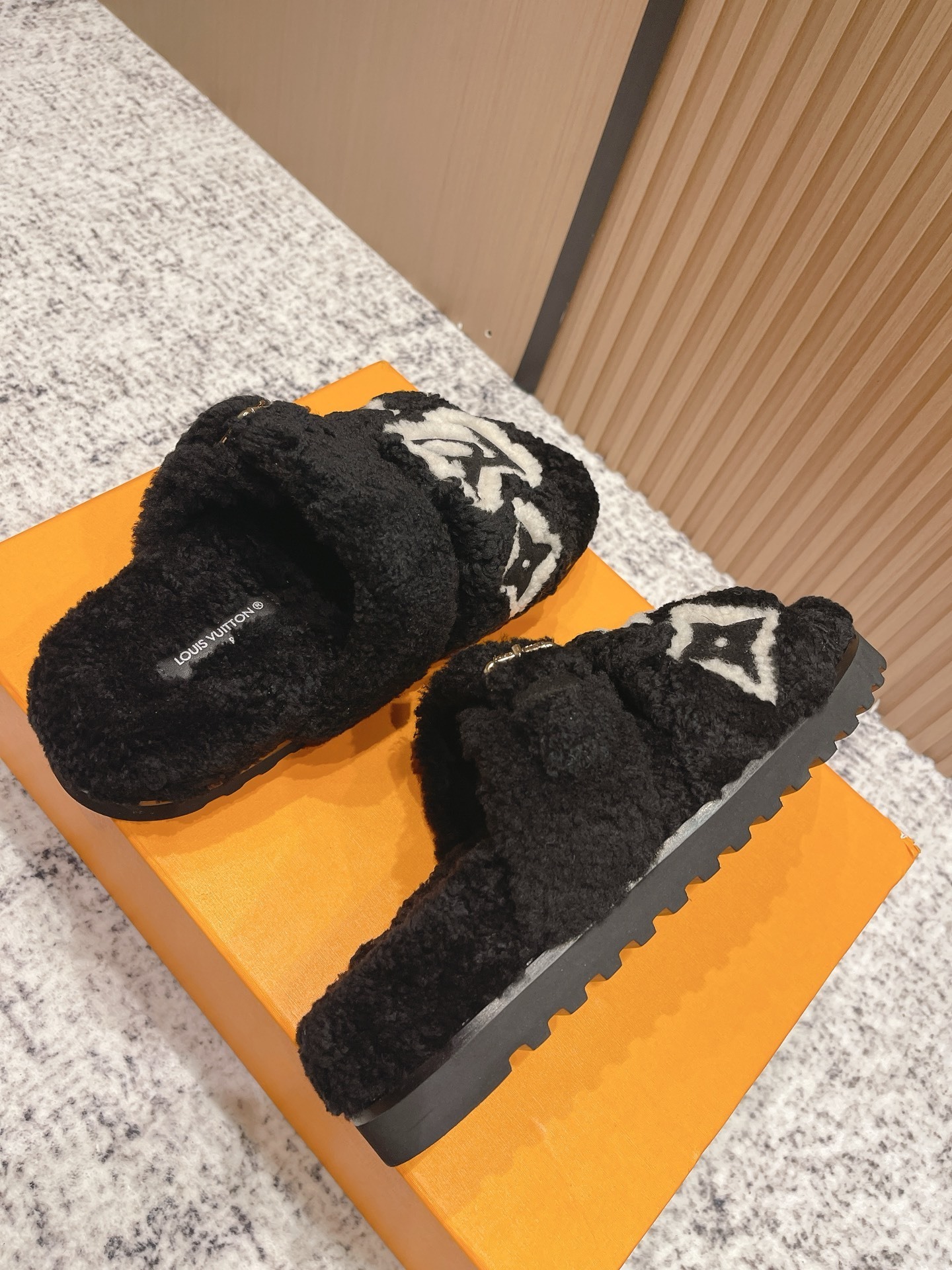Luxury LV Monogram Shearling Slides - Black Fuzzy Designer Sandals