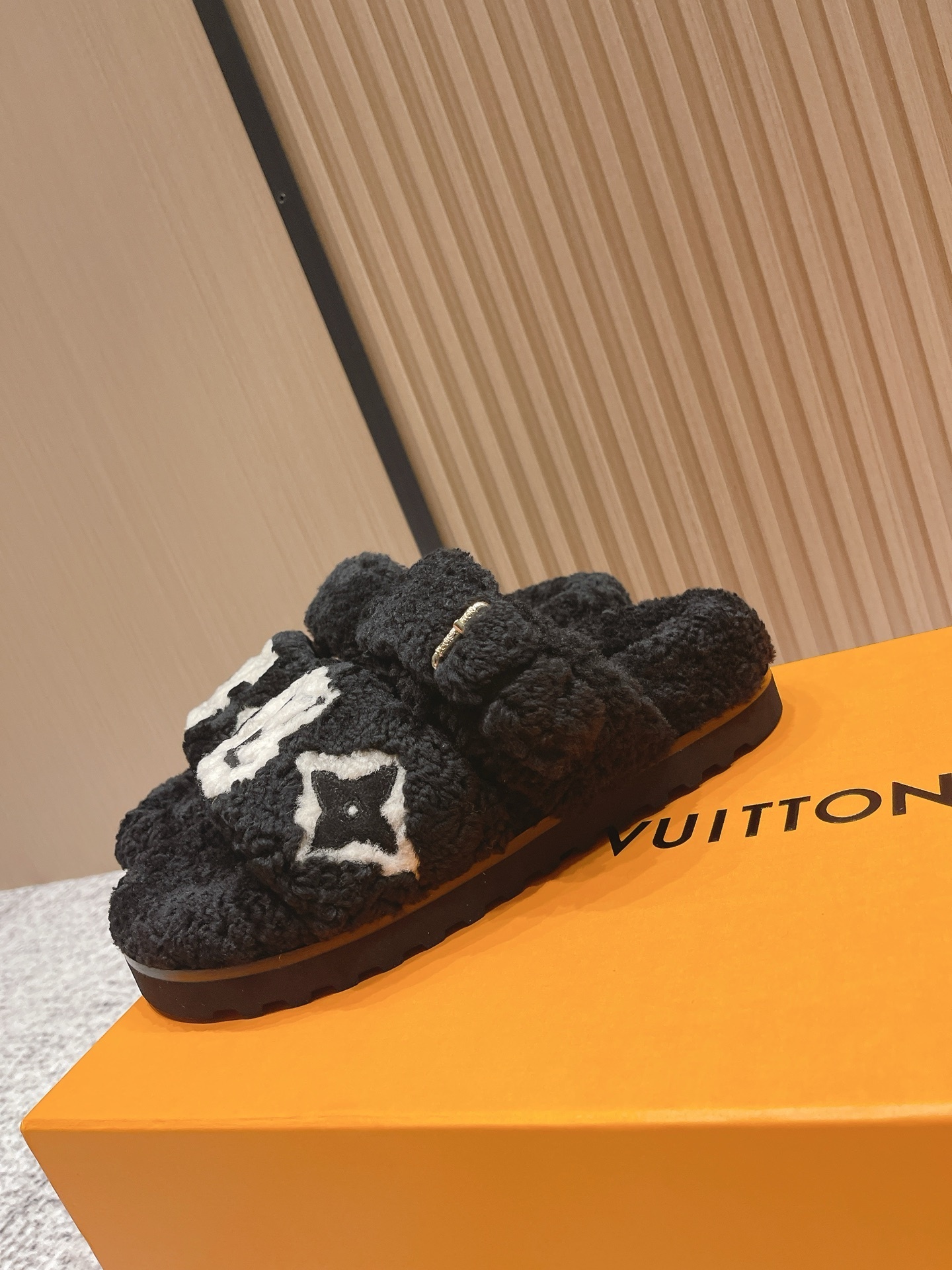 Luxury LV Monogram Shearling Slides - Black Fuzzy Designer Sandals