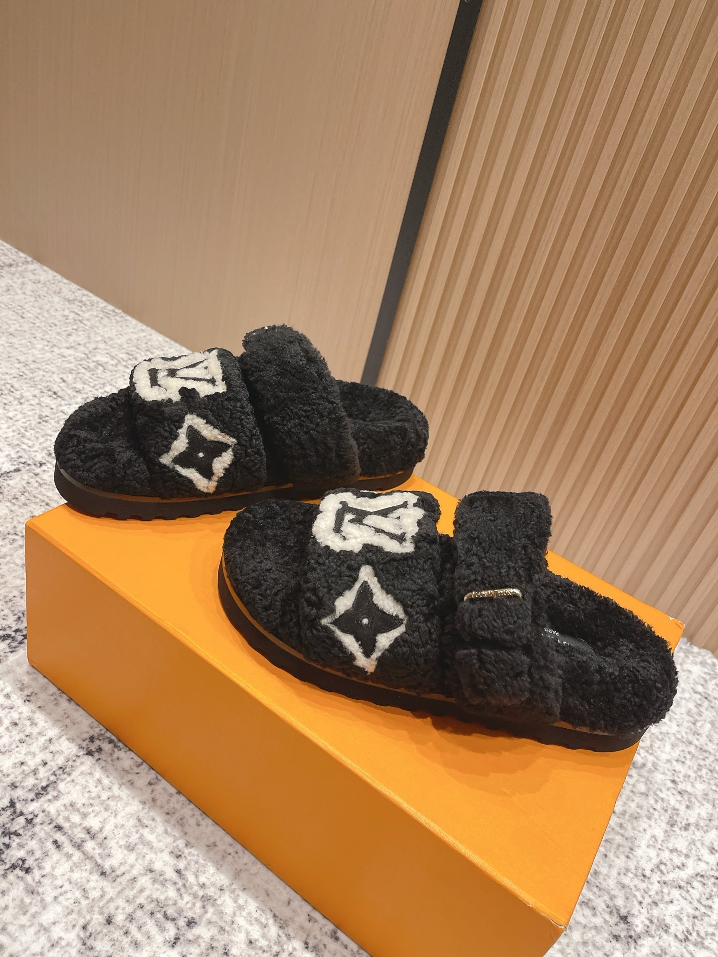 Luxury LV Monogram Shearling Slides - Black Fuzzy Designer Sandals