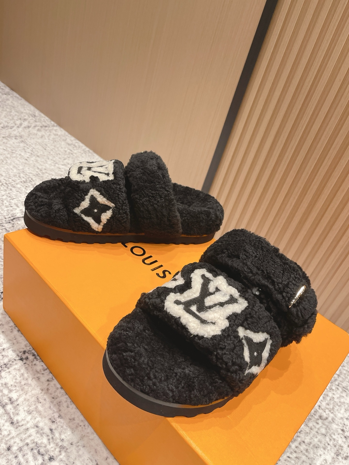 Luxury LV Monogram Shearling Slides - Black Fuzzy Designer Sandals