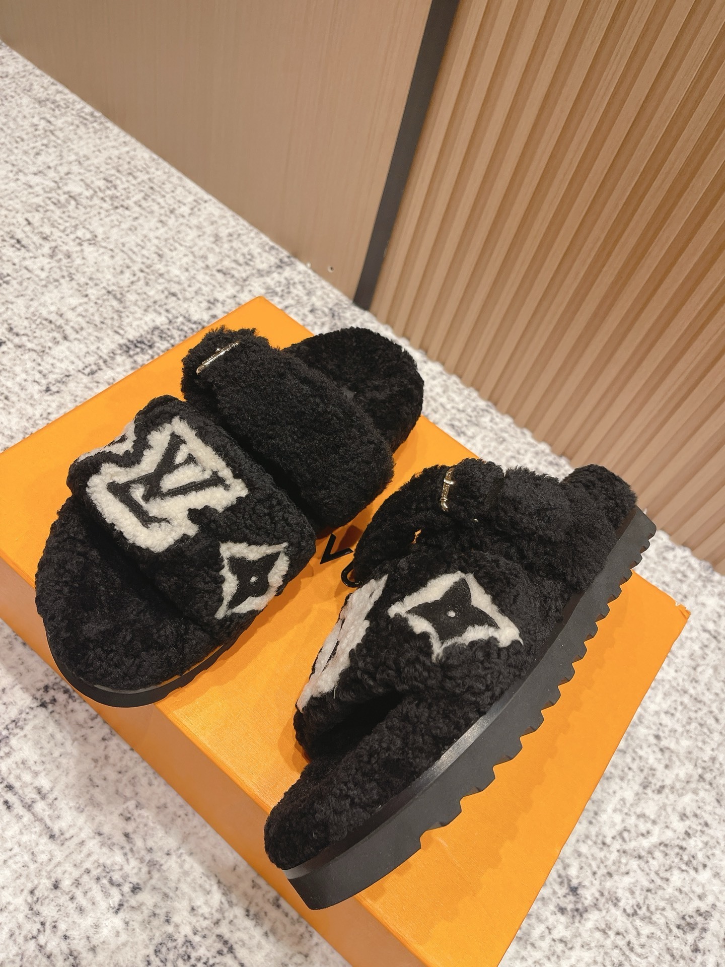 Luxury LV Monogram Shearling Slides - Black Fuzzy Designer Sandals
