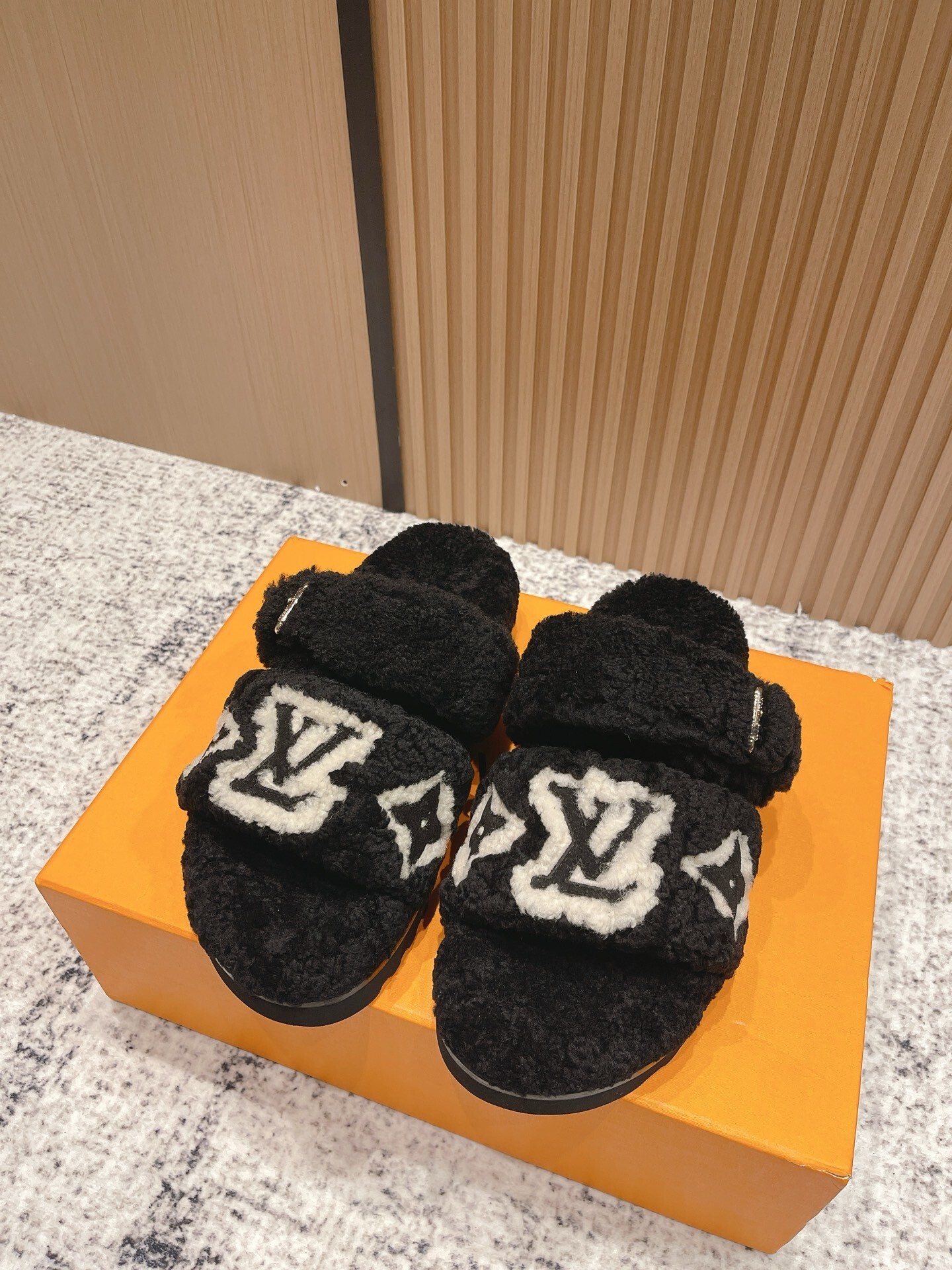 Luxury LV Monogram Shearling Slides – Black Fuzzy Designer Sandals