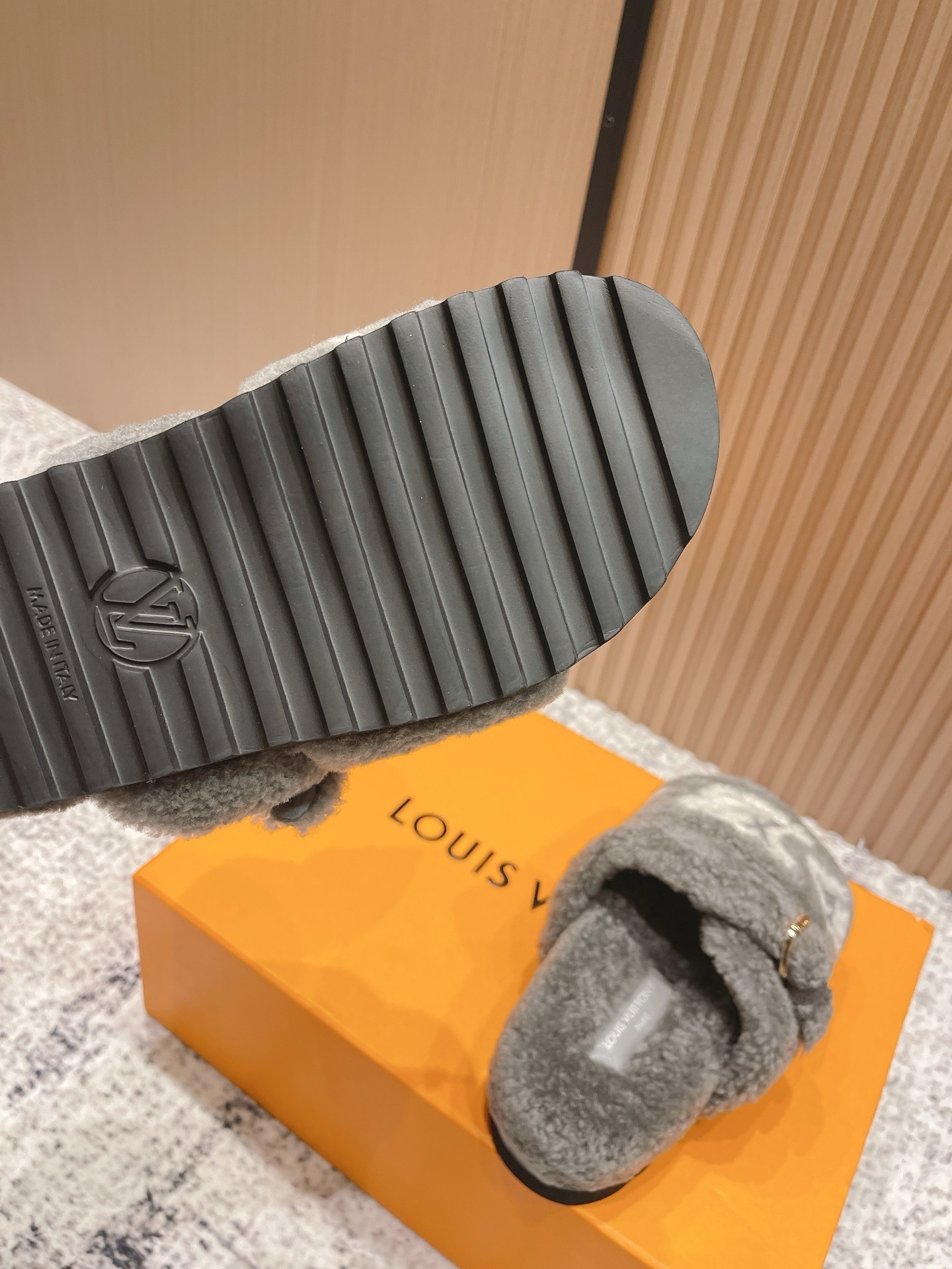 Luxury Grey Shearling Slippers with LV Monogram - Cozy Fuzzy Slides