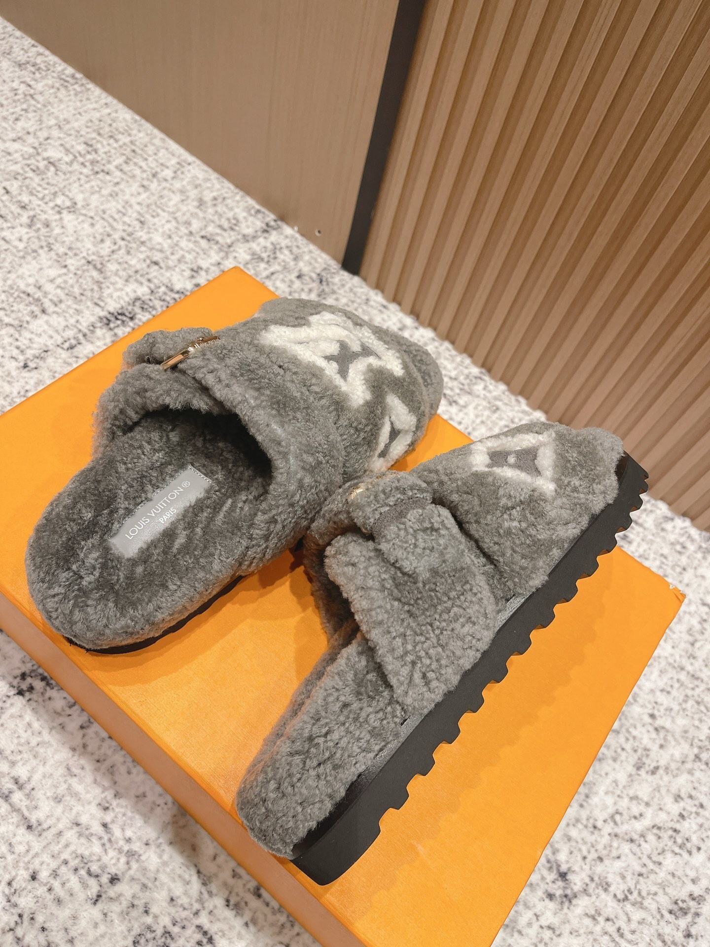 Luxury Grey Shearling Slippers with LV Monogram - Cozy Fuzzy Slides