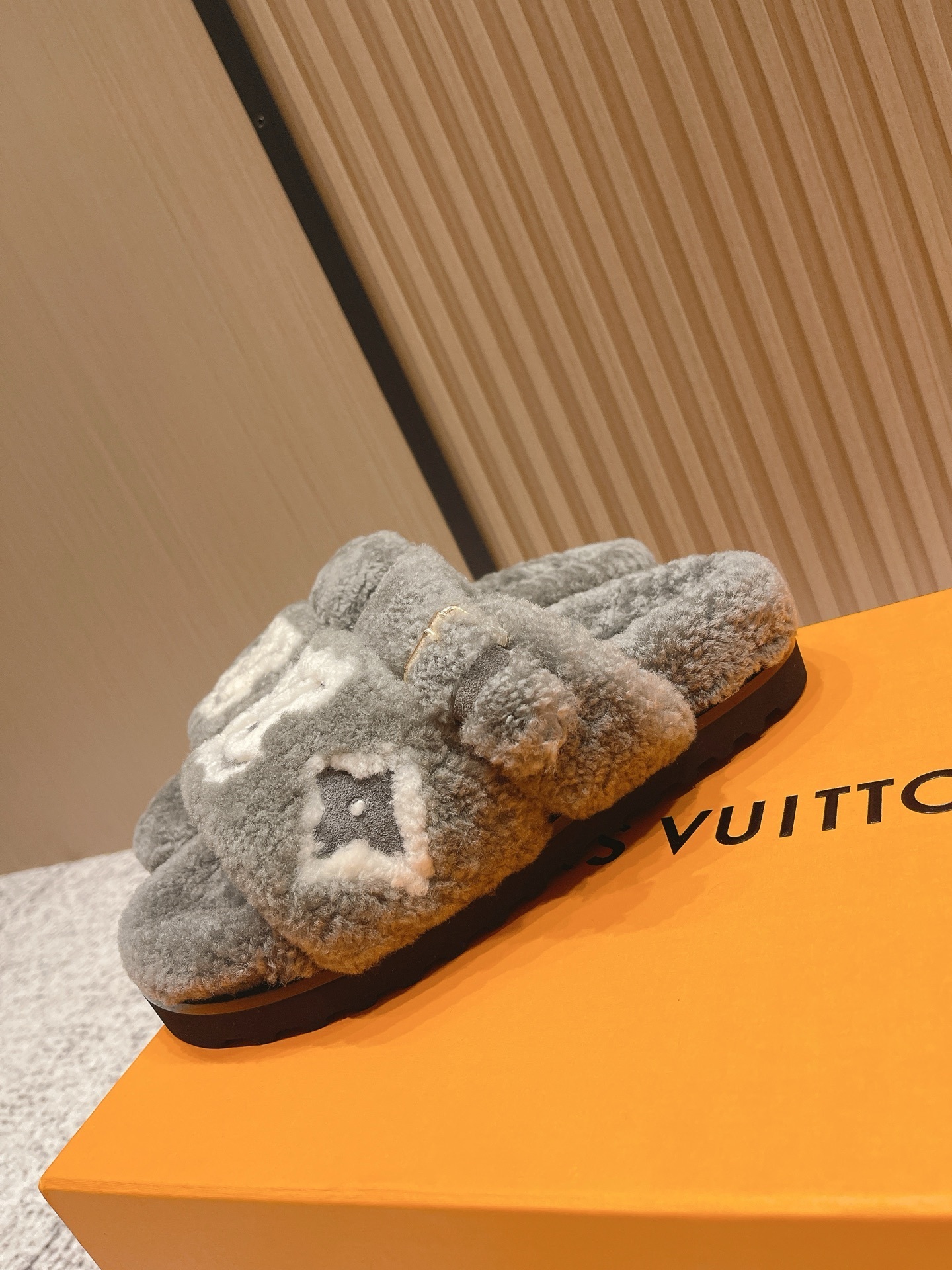 Luxury Grey Shearling Slippers with LV Monogram - Cozy Fuzzy Slides