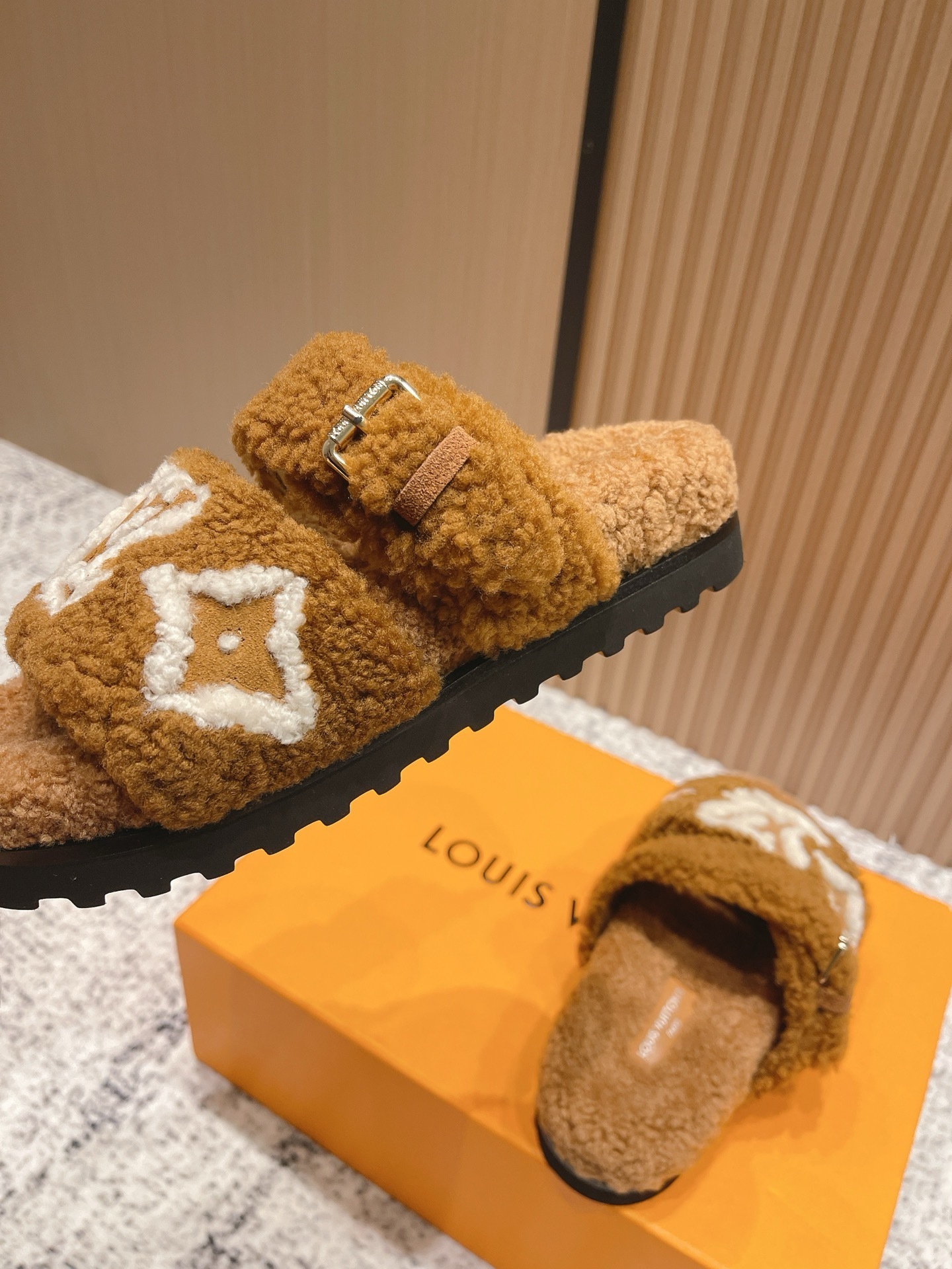 Louis Vuitton Monogram Shearling Flat Sandals - Luxury Cozy Slides