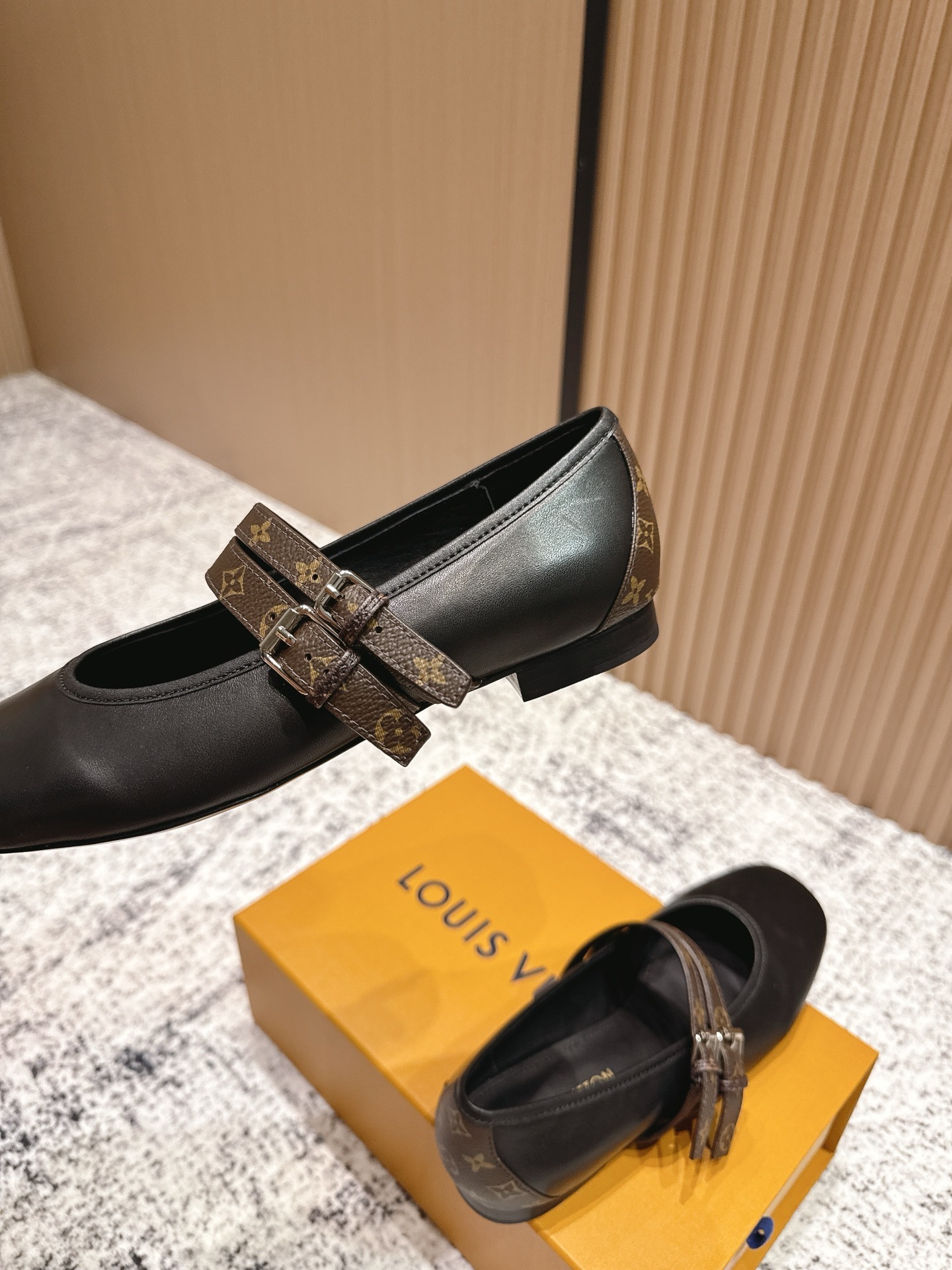 Louis Vuitton Black Leather Mary Jane Flats with Monogram Strap