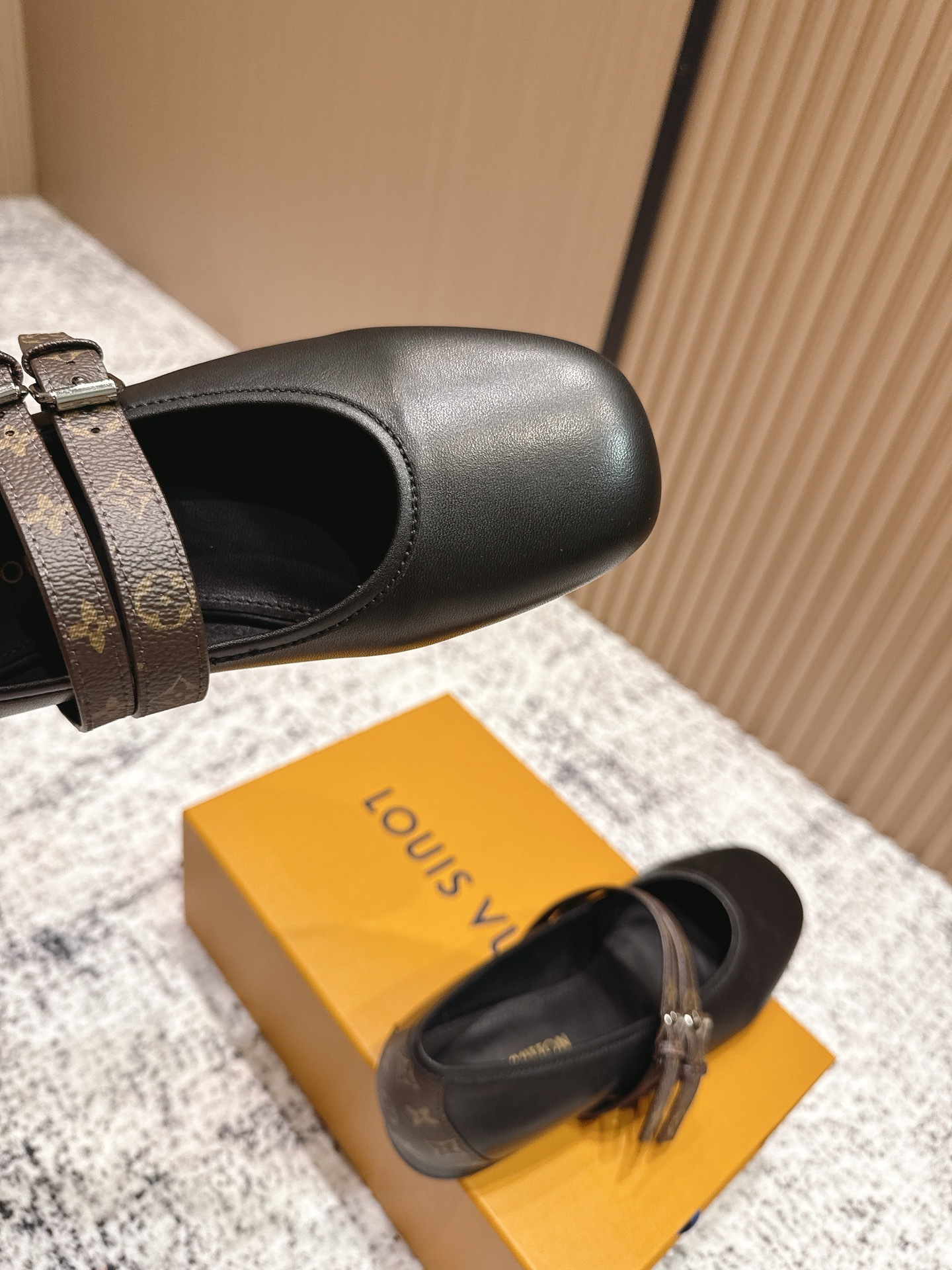 Louis Vuitton Black Leather Mary Jane Flats with Monogram Strap