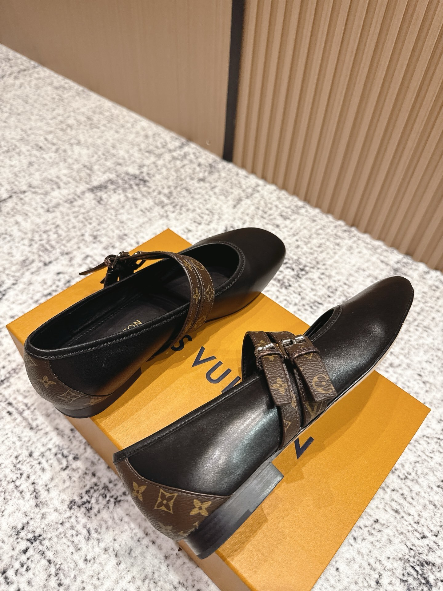 Louis Vuitton Black Leather Mary Jane Flats with Monogram Strap