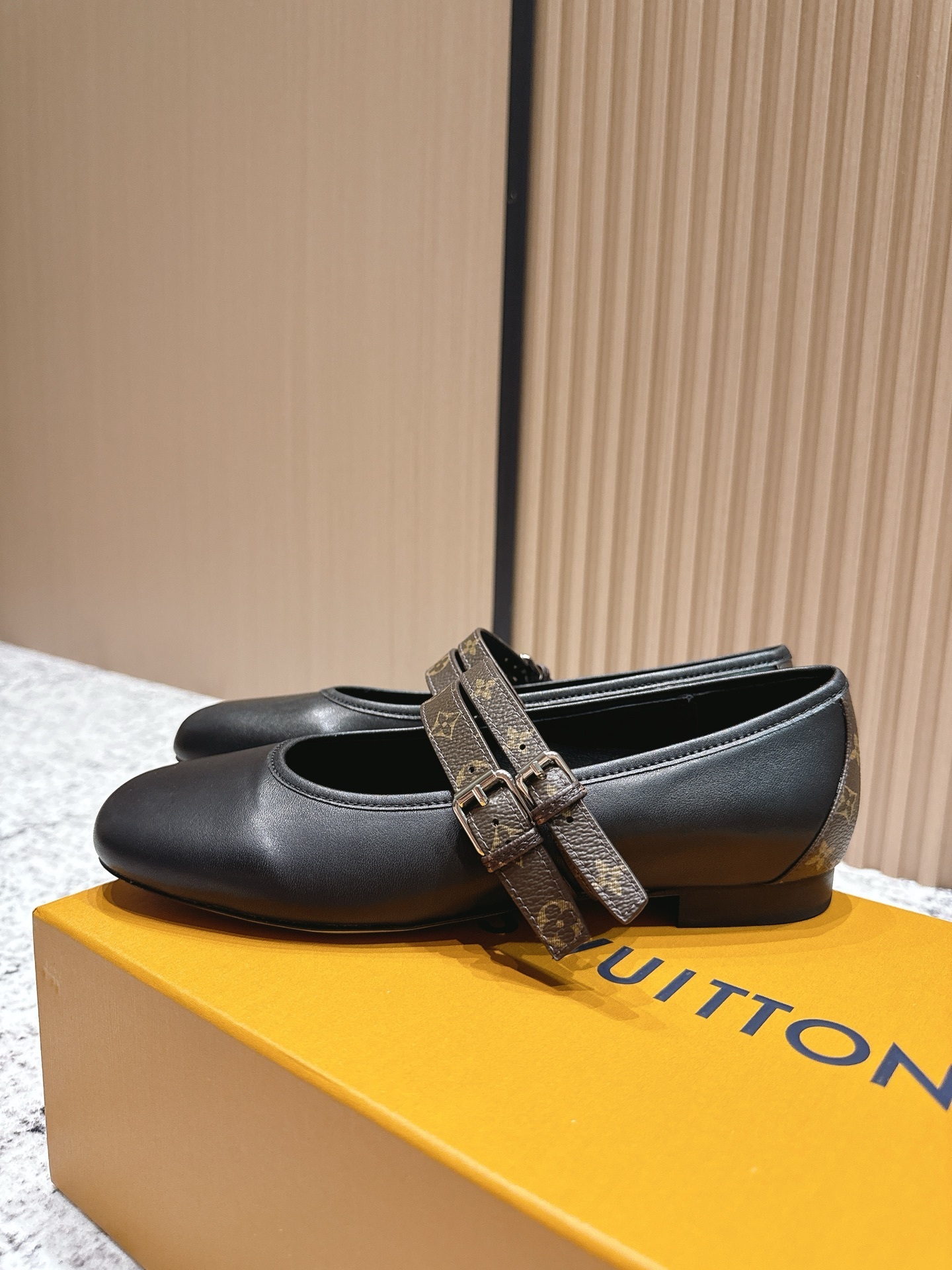 Louis Vuitton Black Leather Mary Jane Flats with Monogram Strap