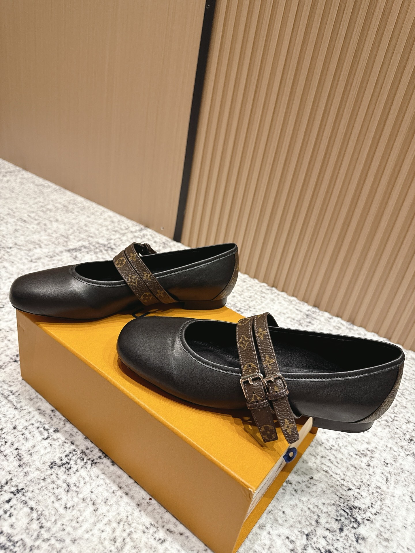 Louis Vuitton Black Leather Mary Jane Flats with Monogram Strap