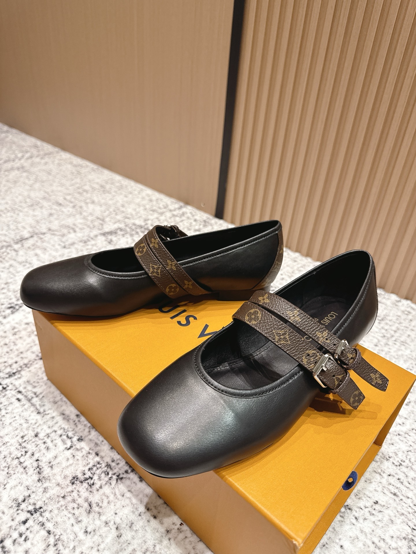 Louis Vuitton Black Leather Mary Jane Flats with Monogram Strap