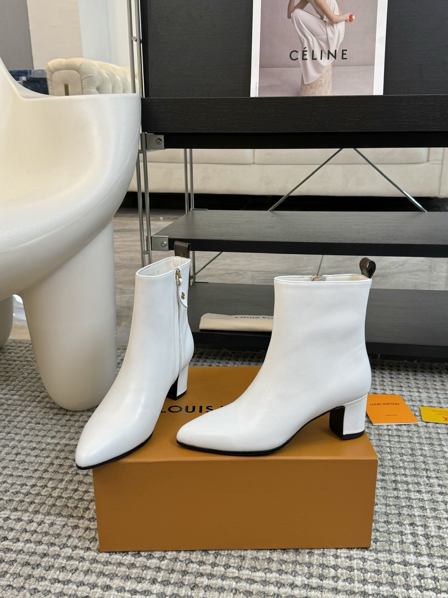 Louis Vuitton White Leather Pointed-Toe Ankle Boots with Monogram