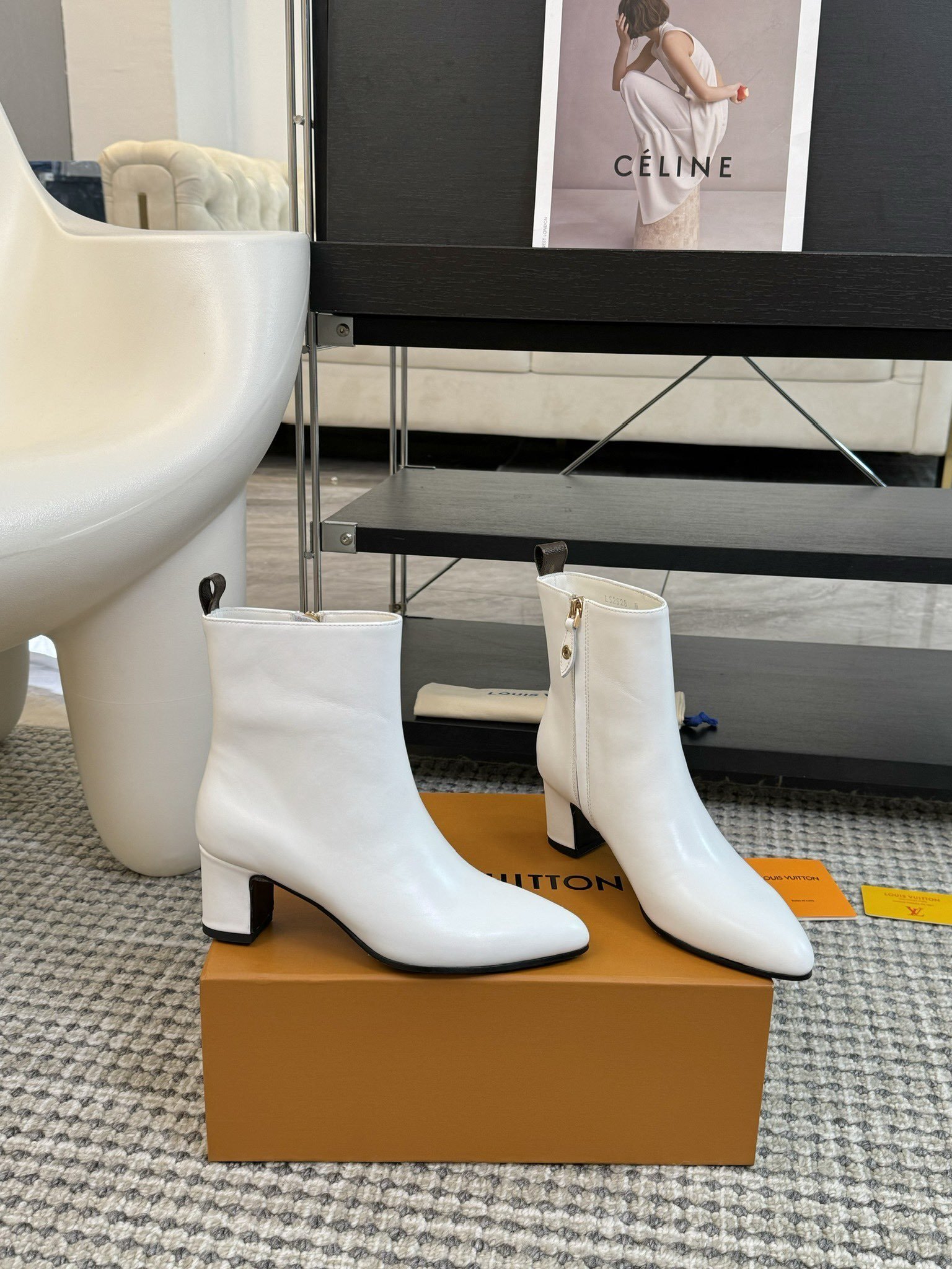 Louis Vuitton White Leather Pointed-Toe Ankle Boots with Monogram