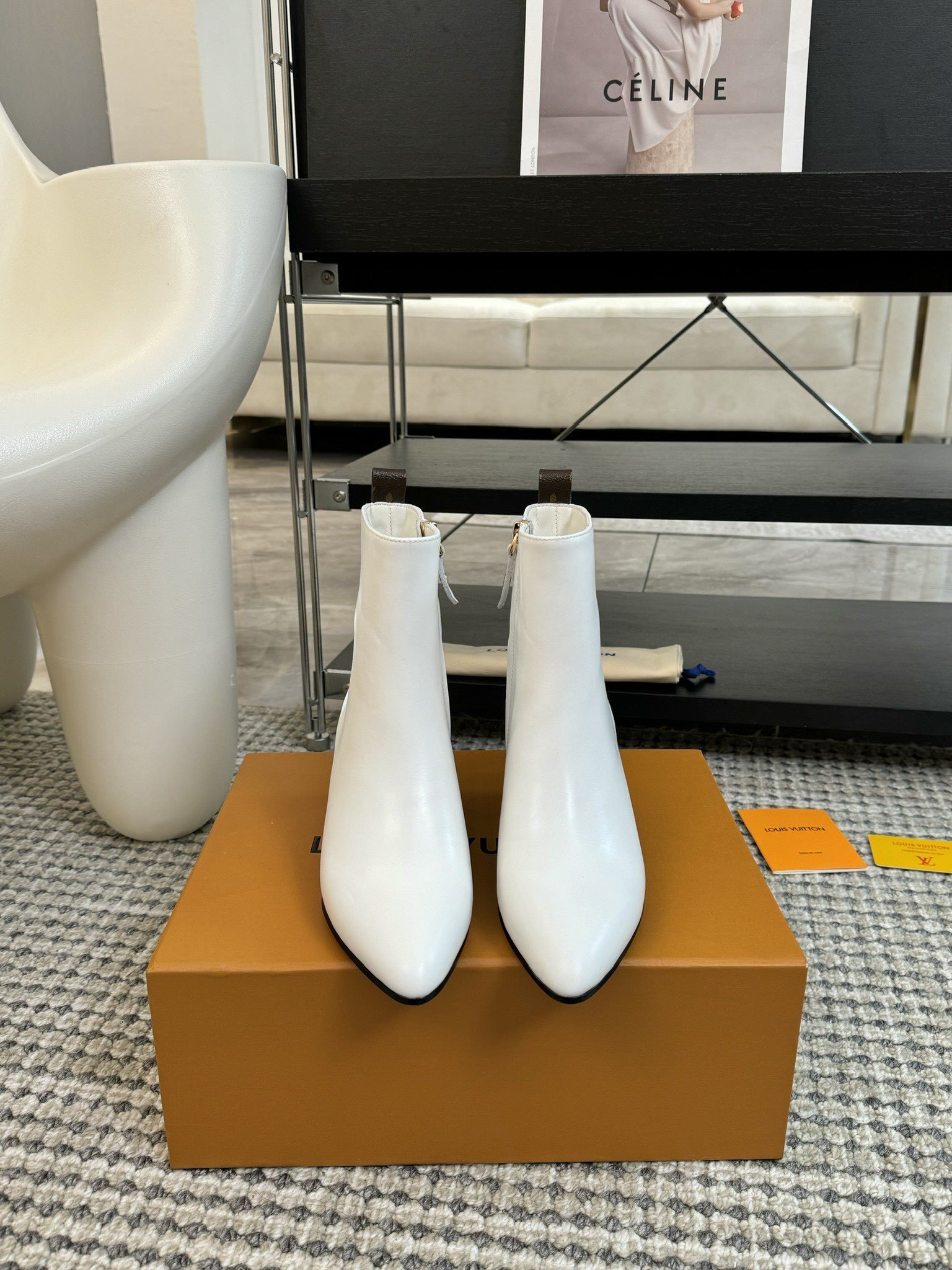 Louis Vuitton White Leather Pointed-Toe Ankle Boots with Monogram