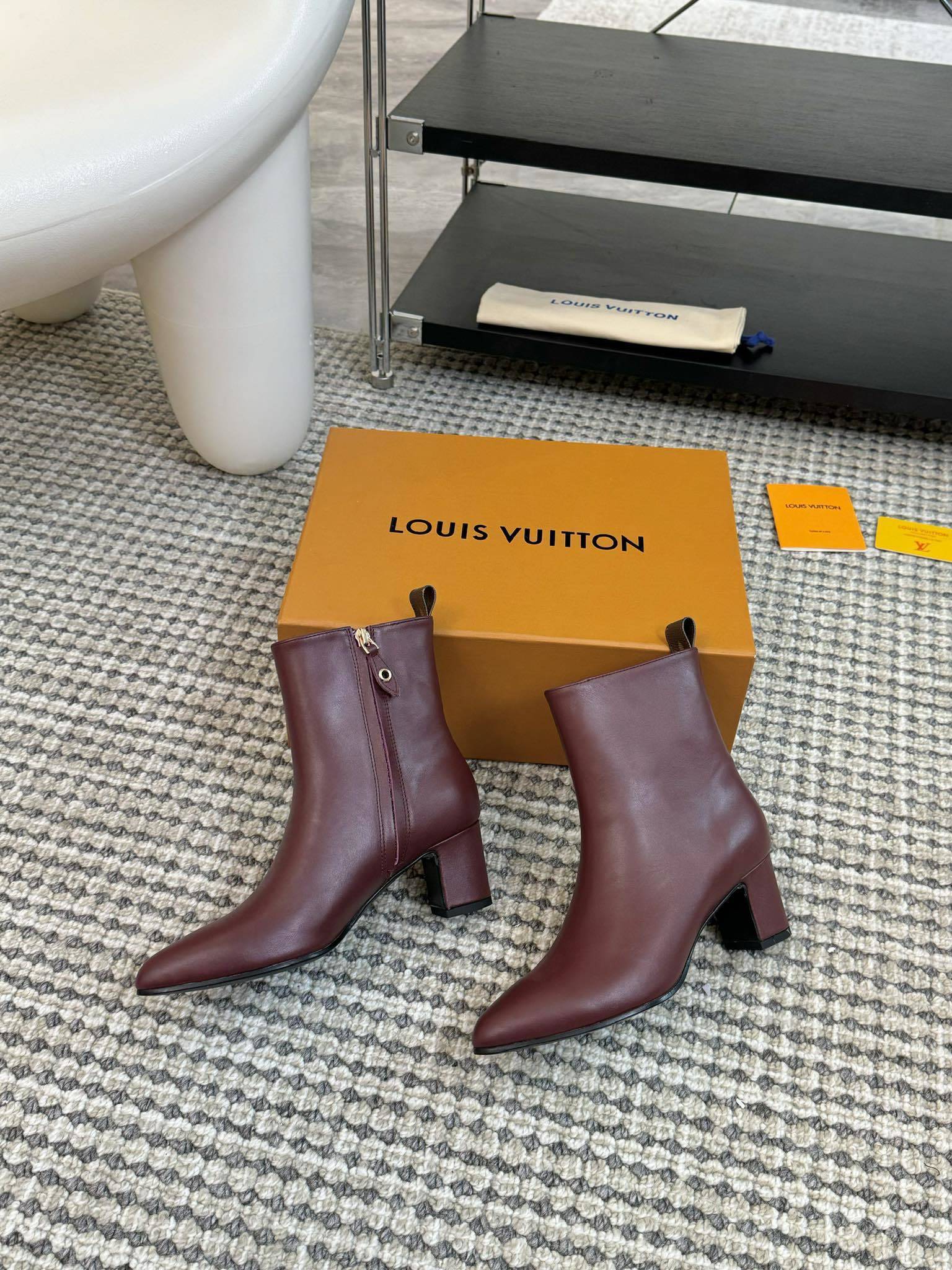 Louis Vuitton Burgundy Leather Ankle Boots - Monogram Detail