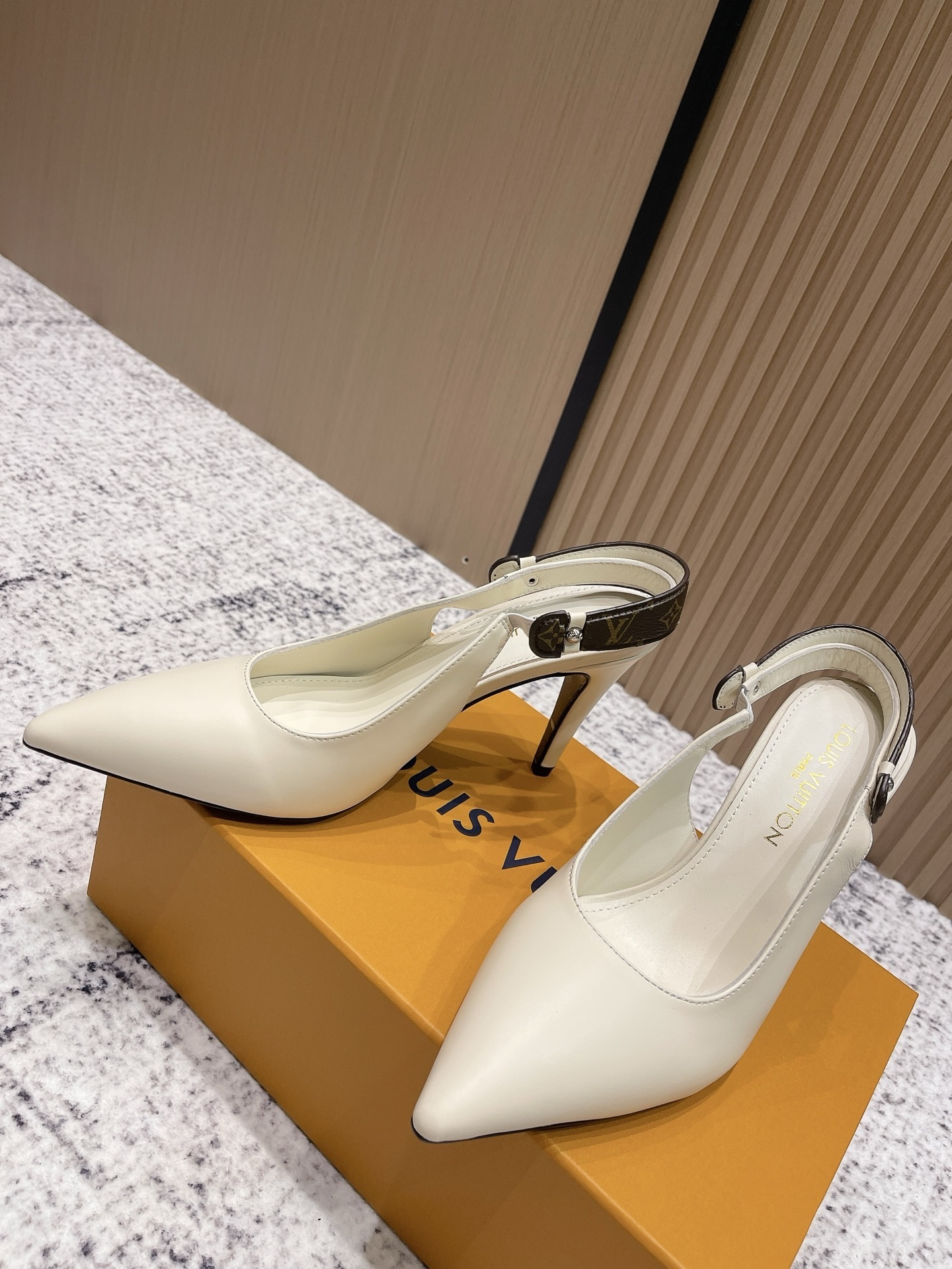Louis Vuitton Signature Monogram Cream Leather Slingback Pumps