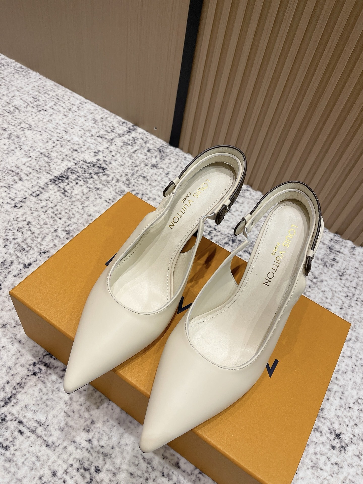 Louis Vuitton Signature Monogram Cream Leather Slingback Pumps