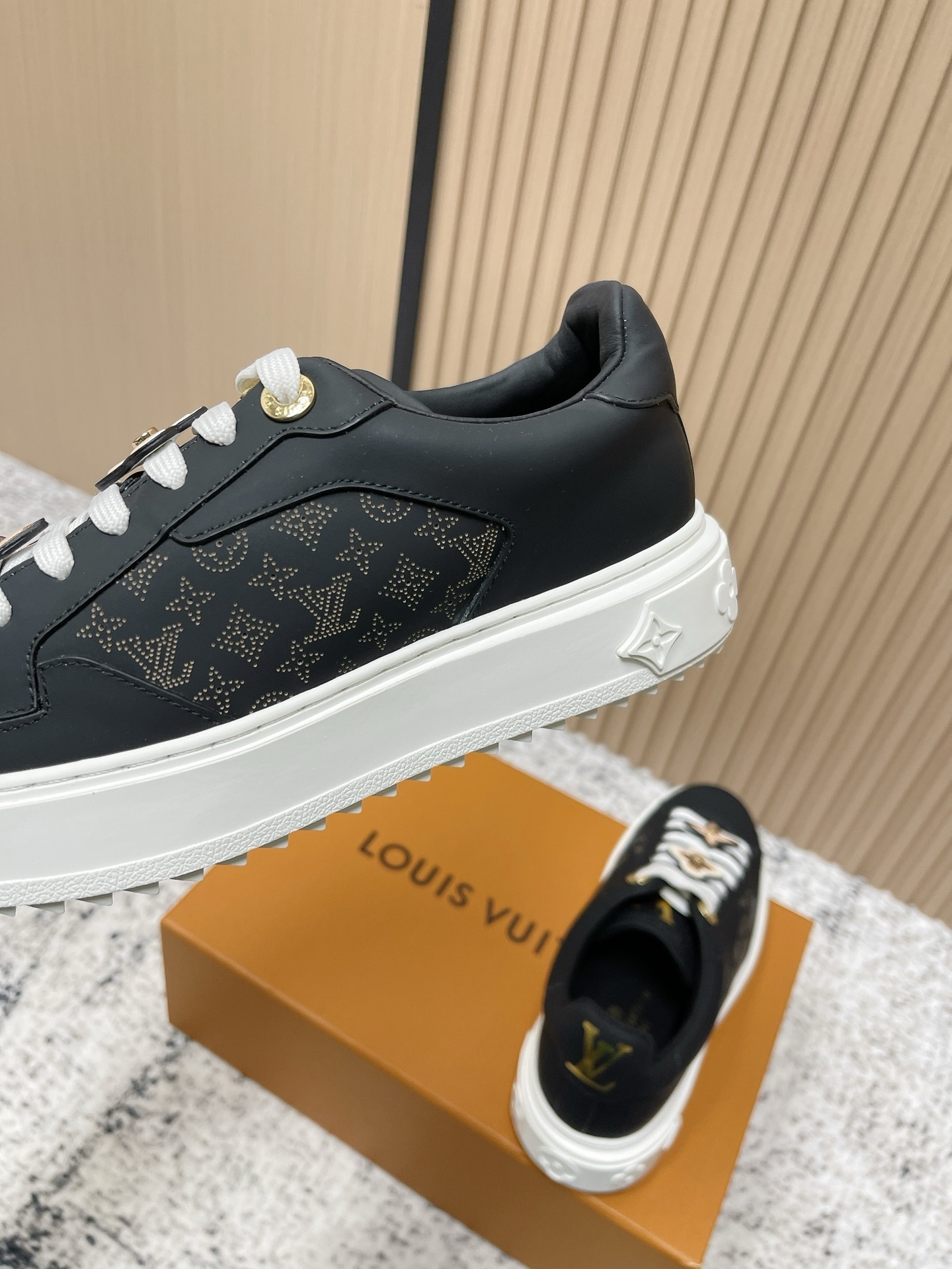 Luxury Black Leather Sneakers with Monogram Flower Charms