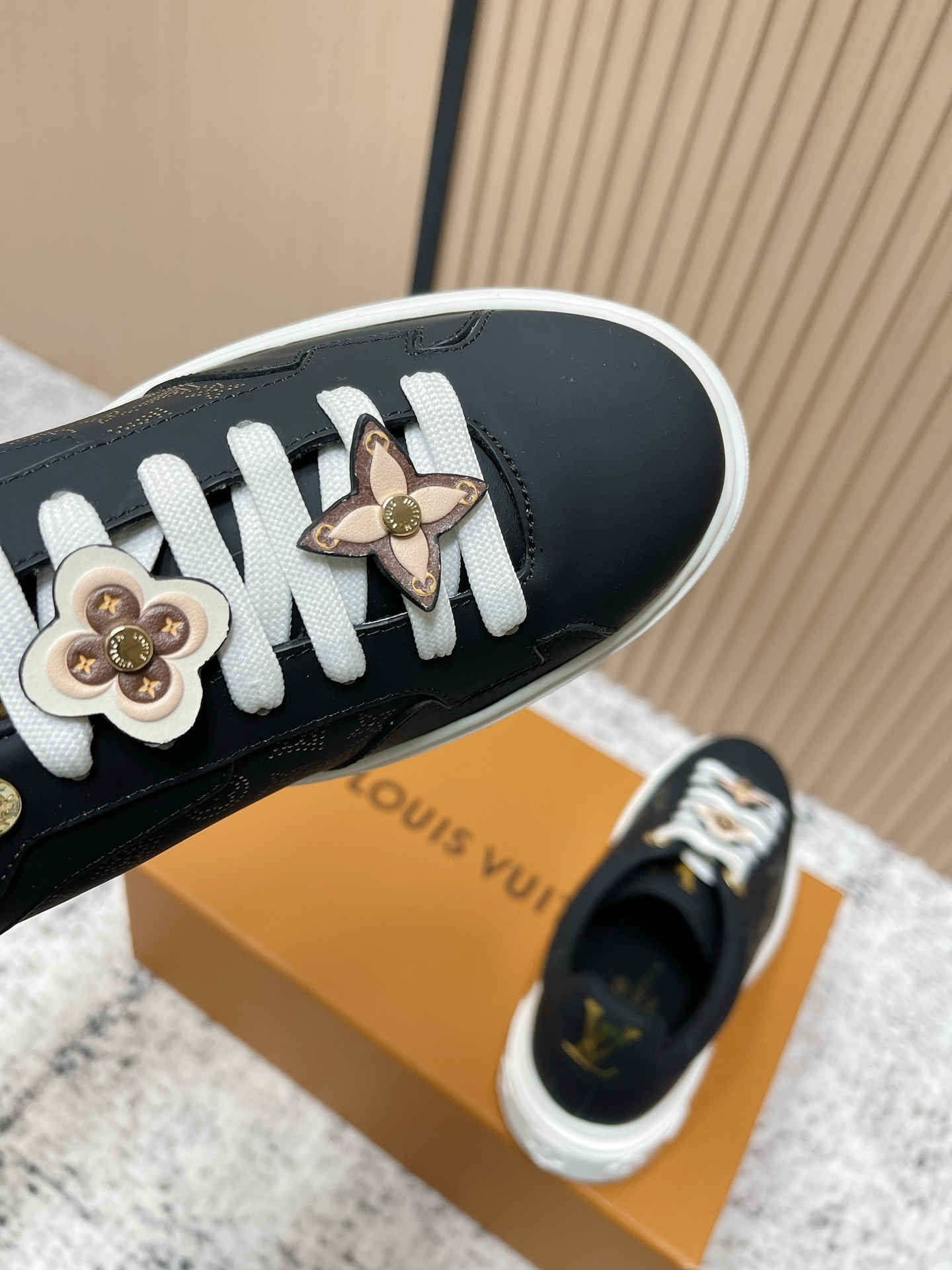 Luxury Black Leather Sneakers with Monogram Flower Charms