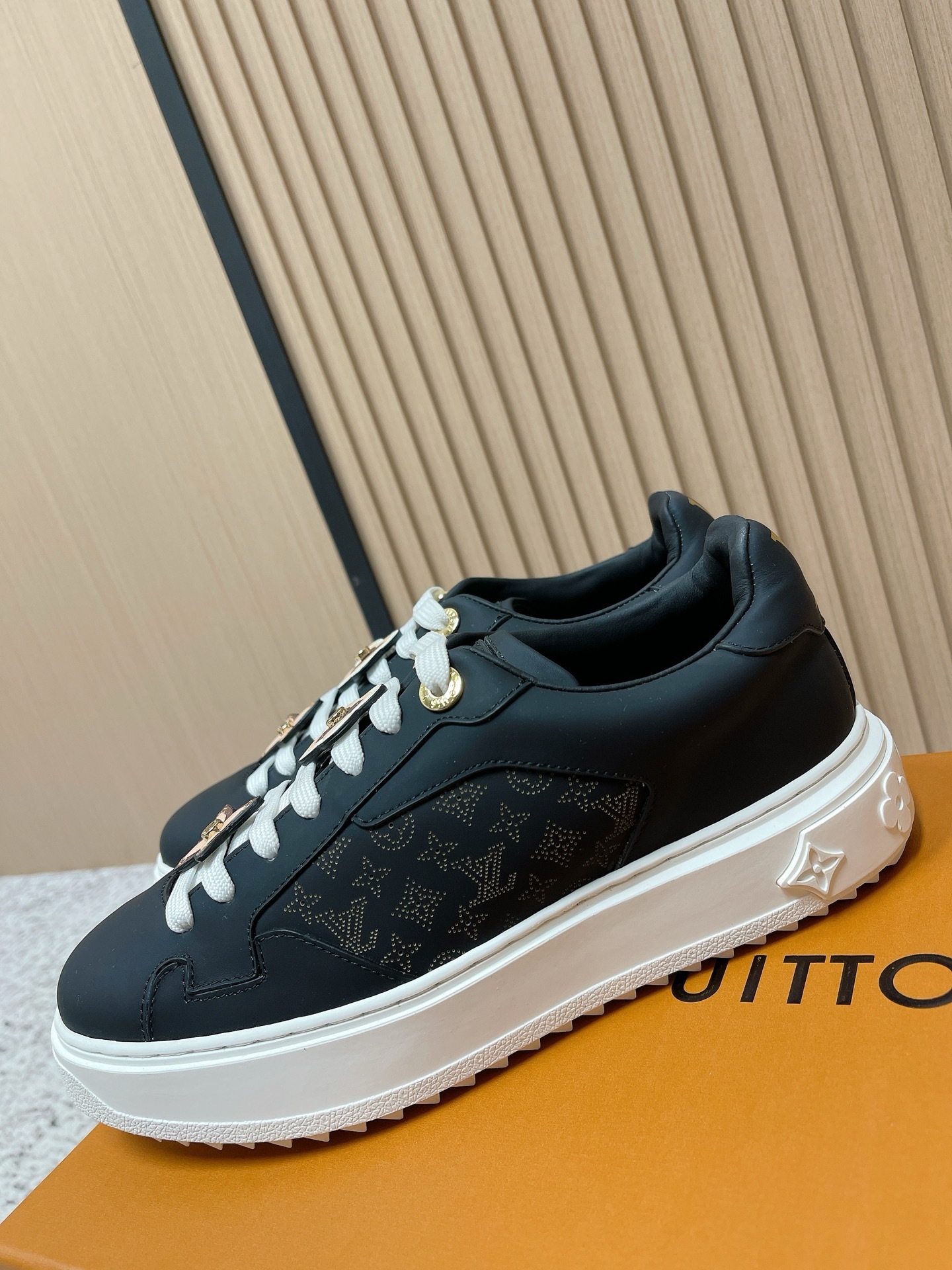 Luxury Black Leather Sneakers with Monogram Flower Charms