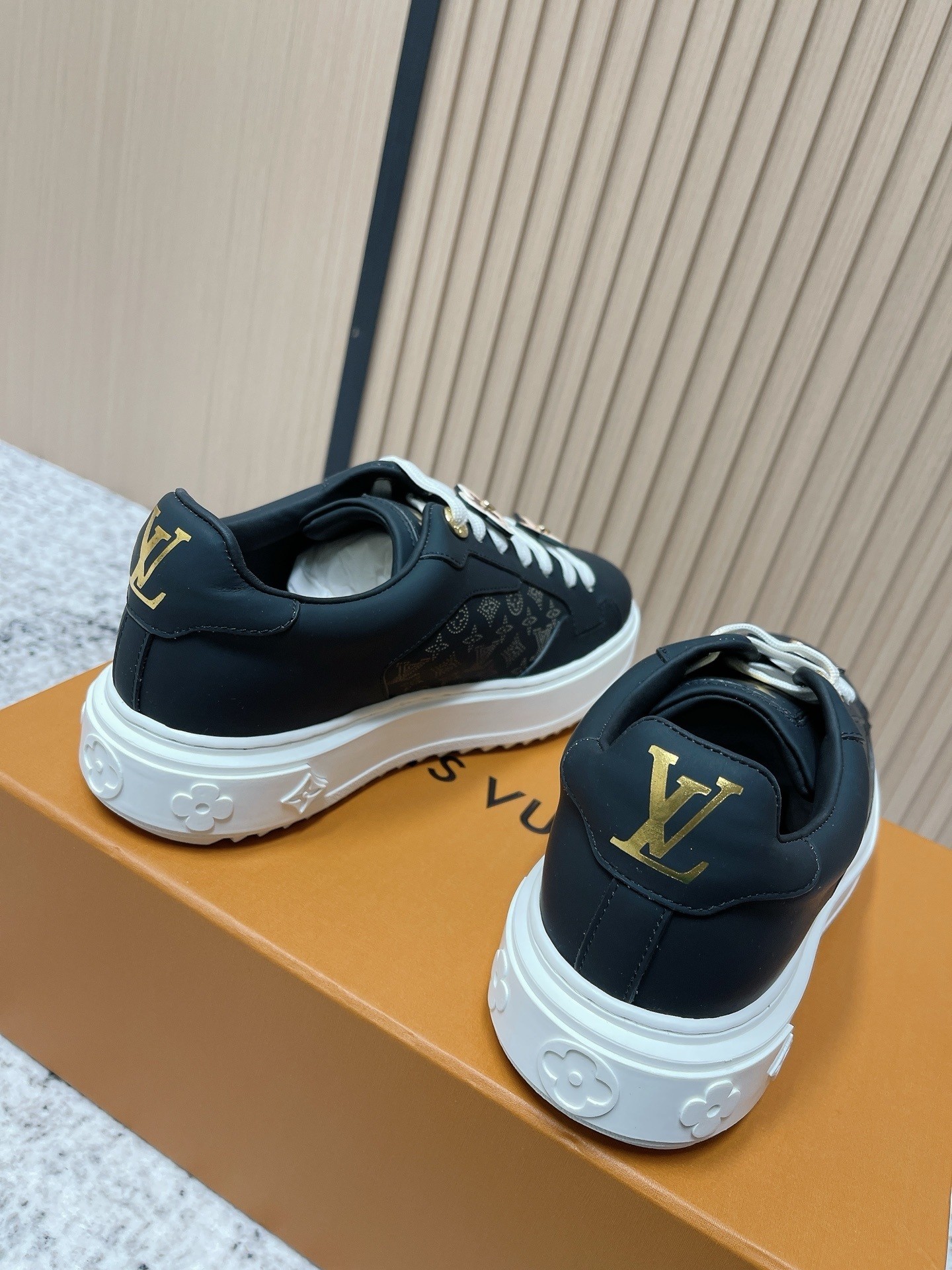 Luxury Black Leather Sneakers with Monogram Flower Charms