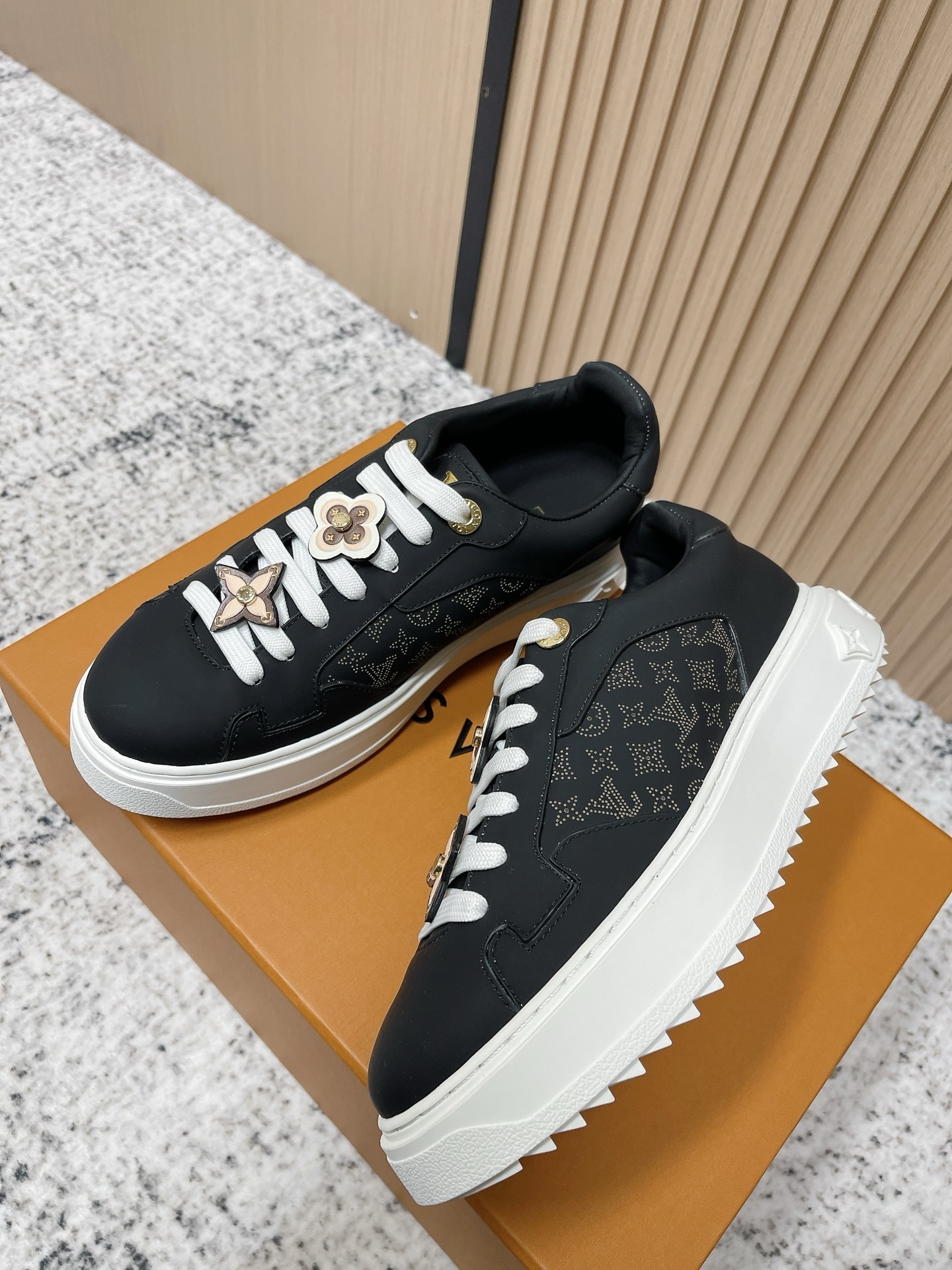 Luxury Black Leather Sneakers with Monogram Flower Charms