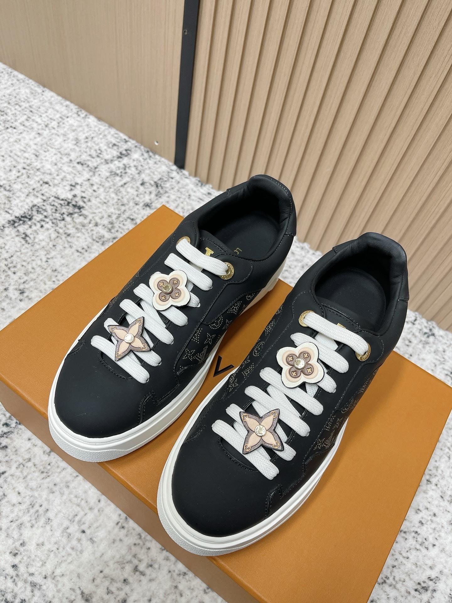 Luxury Black Leather Sneakers with Monogram Flower Charms