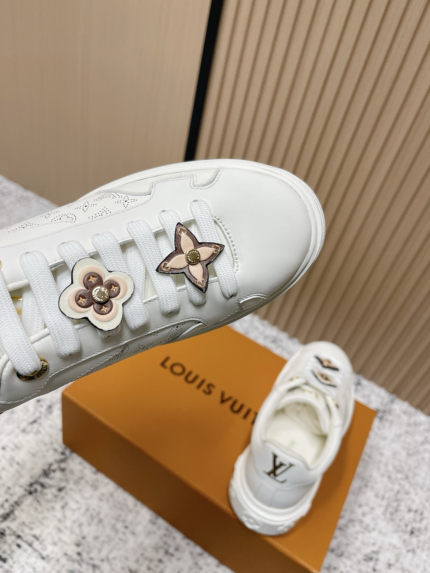 Women's White Monogram Perforated Leather Flower Charm Sneakers