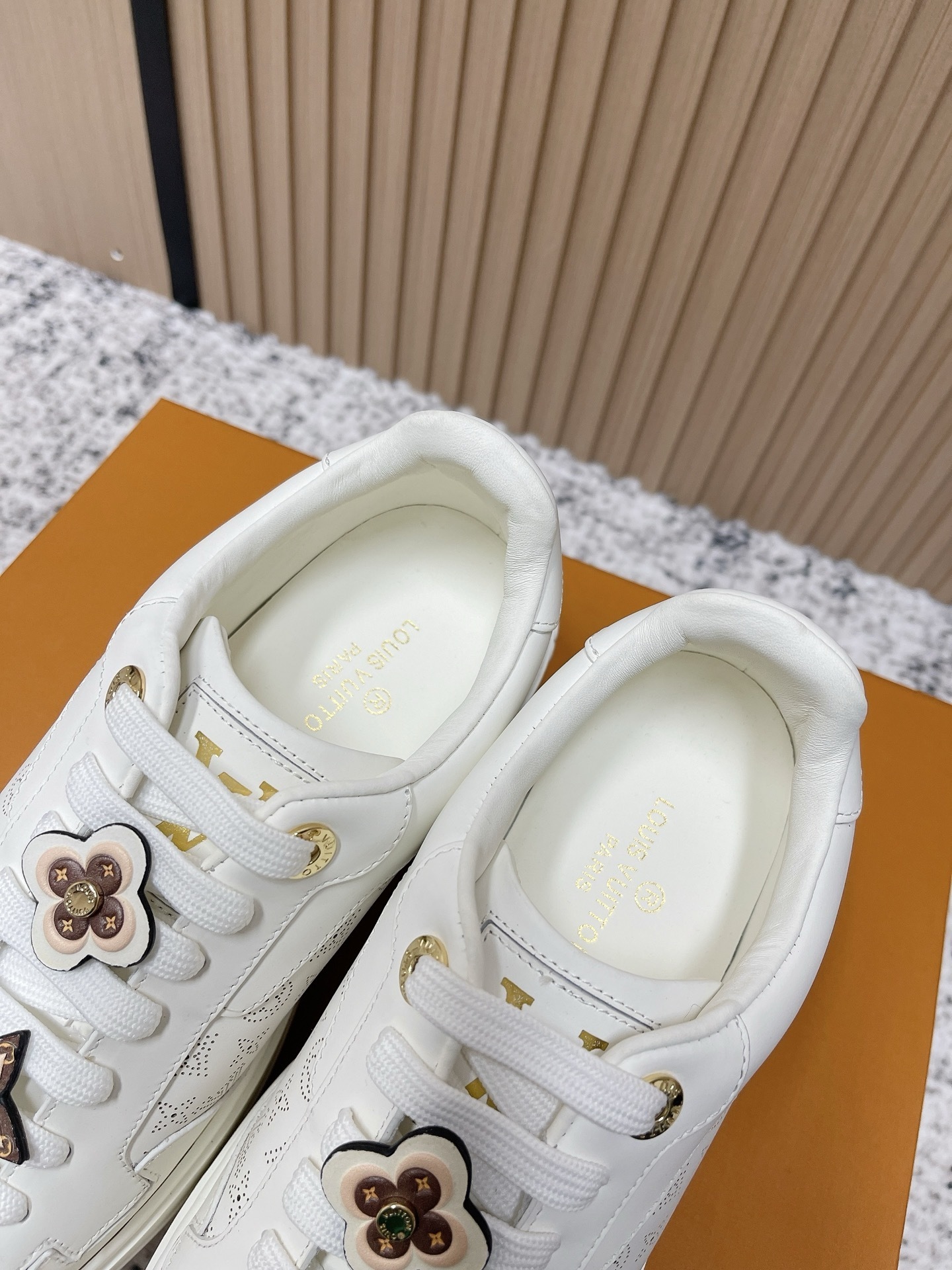 Women's White Monogram Perforated Leather Flower Charm Sneakers