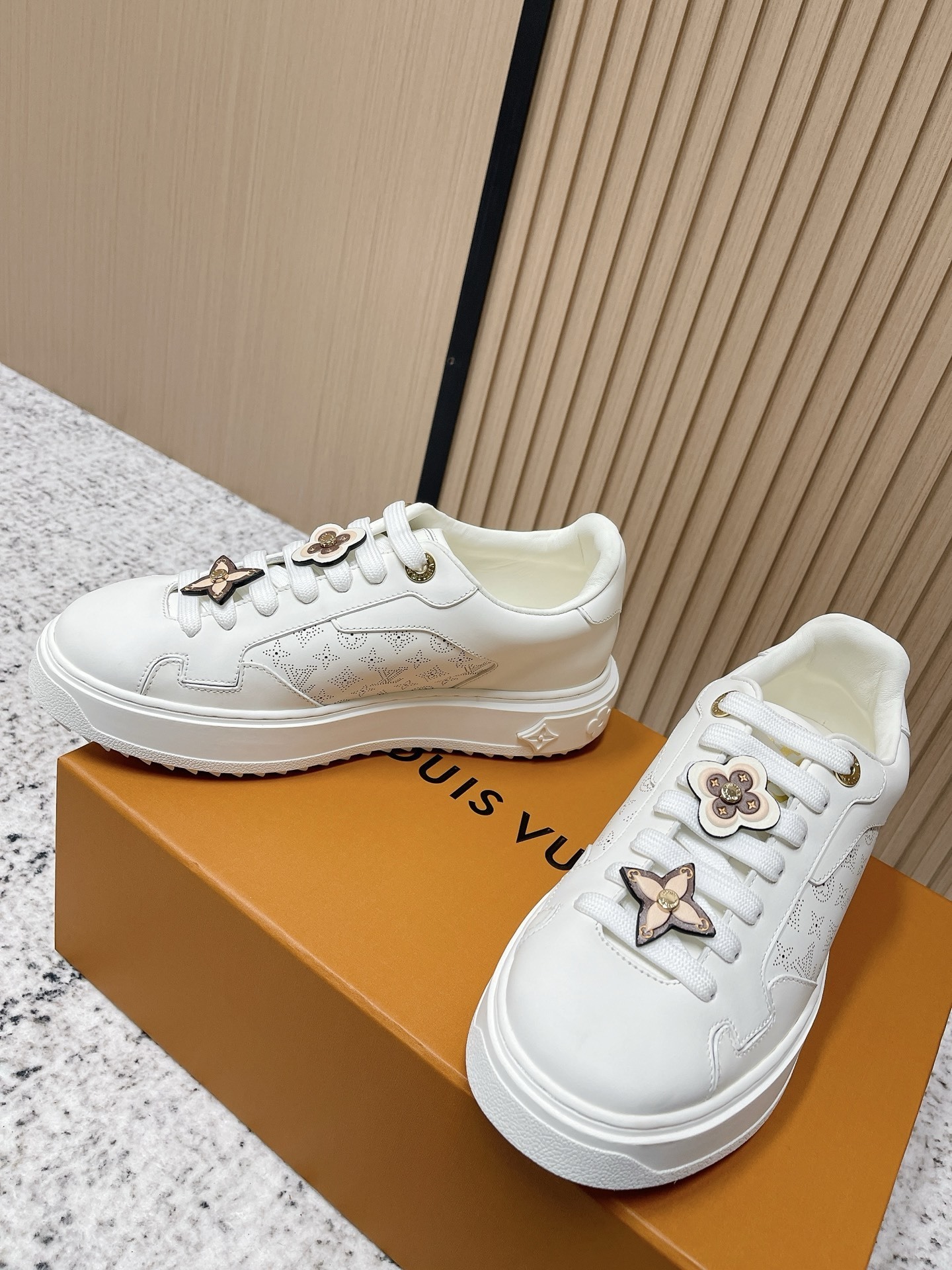 Women's White Monogram Perforated Leather Flower Charm Sneakers