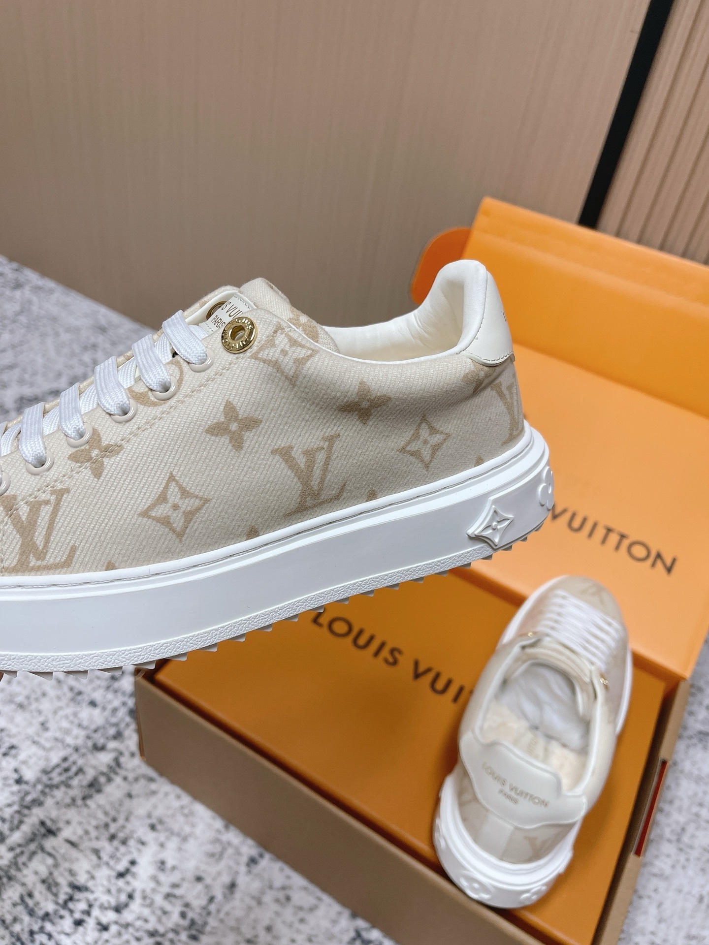 Louis Vuitton Monogram Shearling-Lined Sneakers in Beige