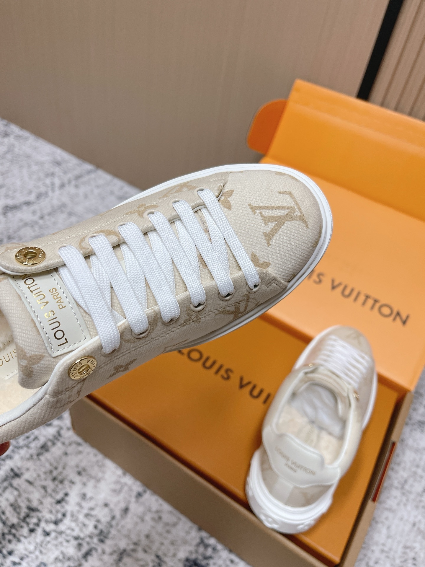 Louis Vuitton Monogram Shearling-Lined Sneakers in Beige